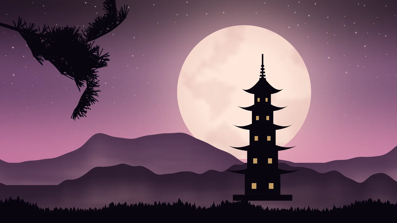 Pink Japanese Pagoda and Moon desktop wallpaper in 4K
