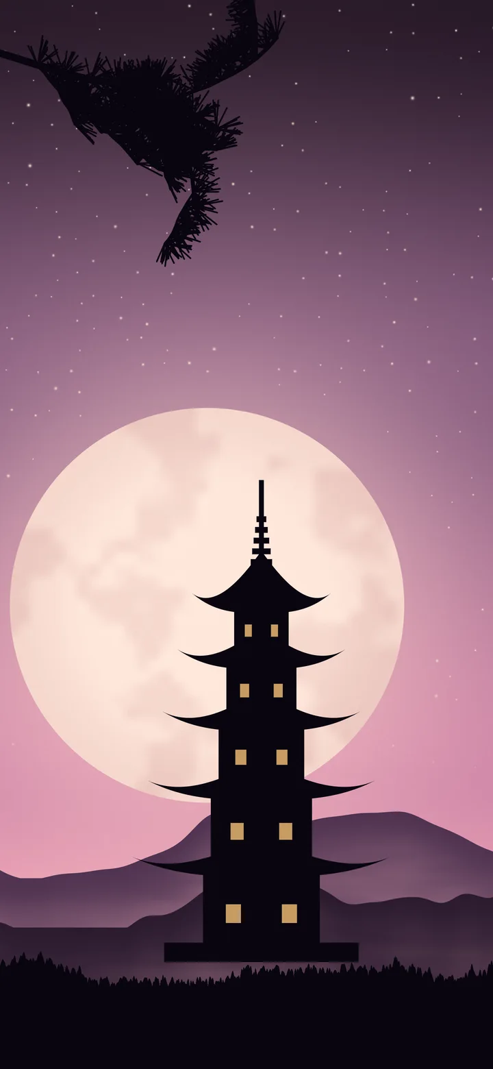 Pink Japanese Pagoda and Moon wallpaper for iPhone and Android
