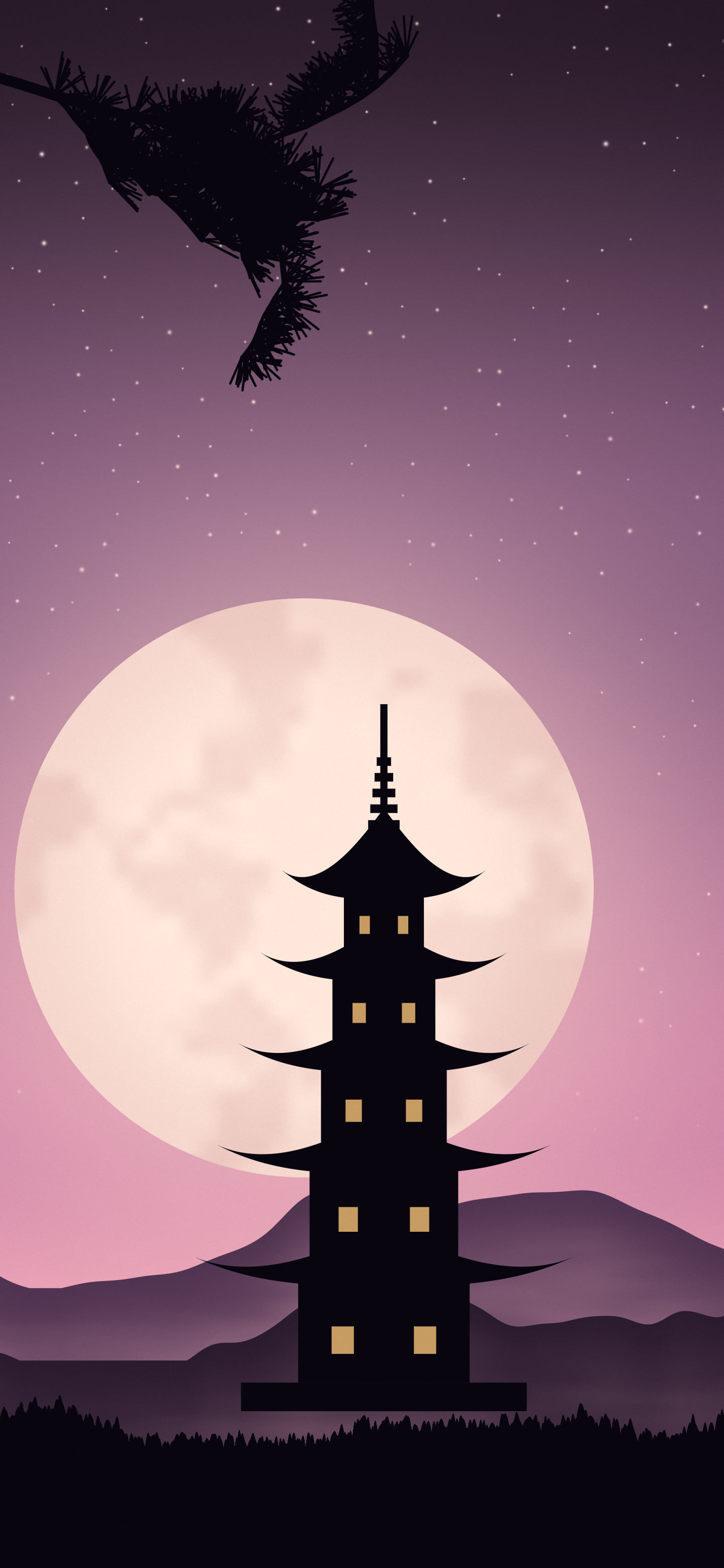 Pink Japanese Pagoda and Moon wallpaper for iPhone and Android
