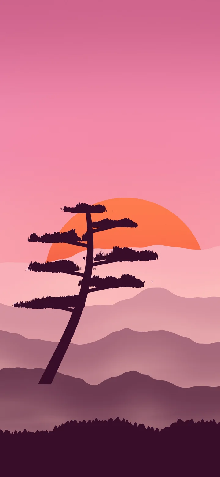 Pink Japanese Sun and Misty Mountains wallpaper for iPhone and Android