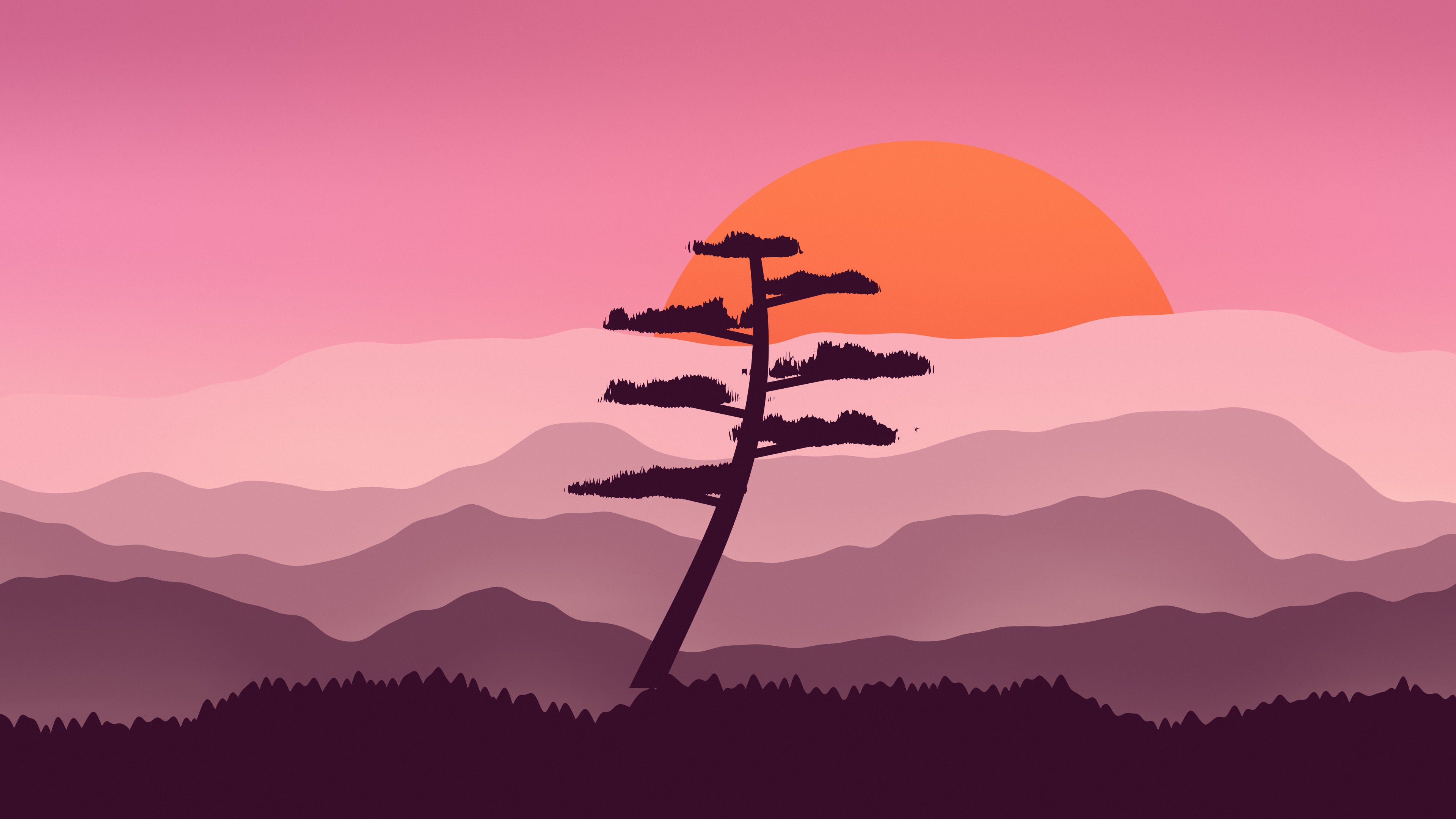 Pink Japanese Sun and Misty Mountains desktop wallpaper in 4K