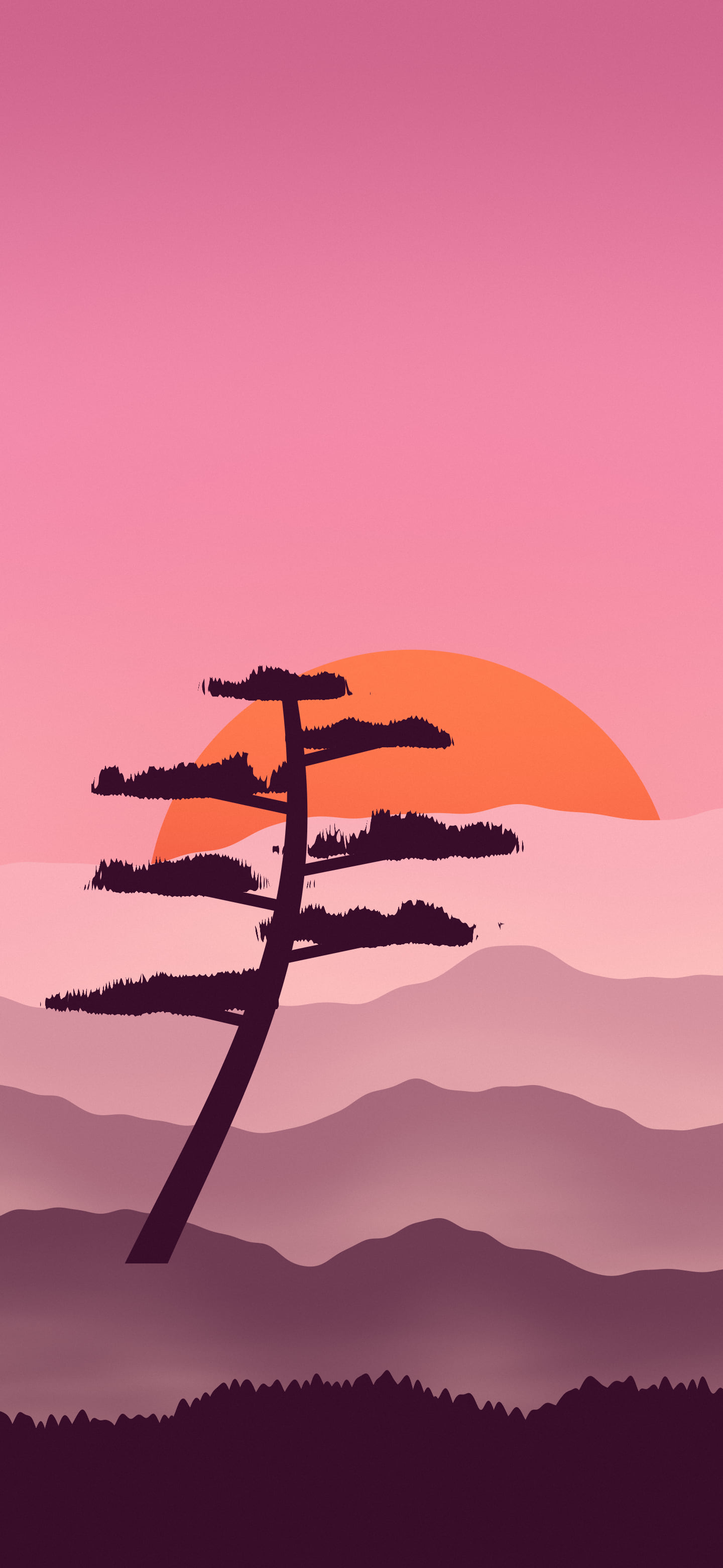 Pink Japanese Sun and Misty Mountains wallpaper for iPhone and Android