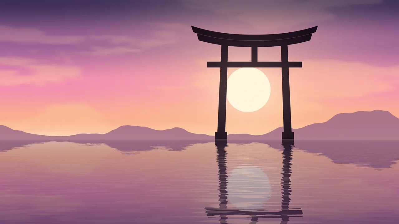 Pink Japanese Torii Gate Sunset desktop wallpaper in 4K