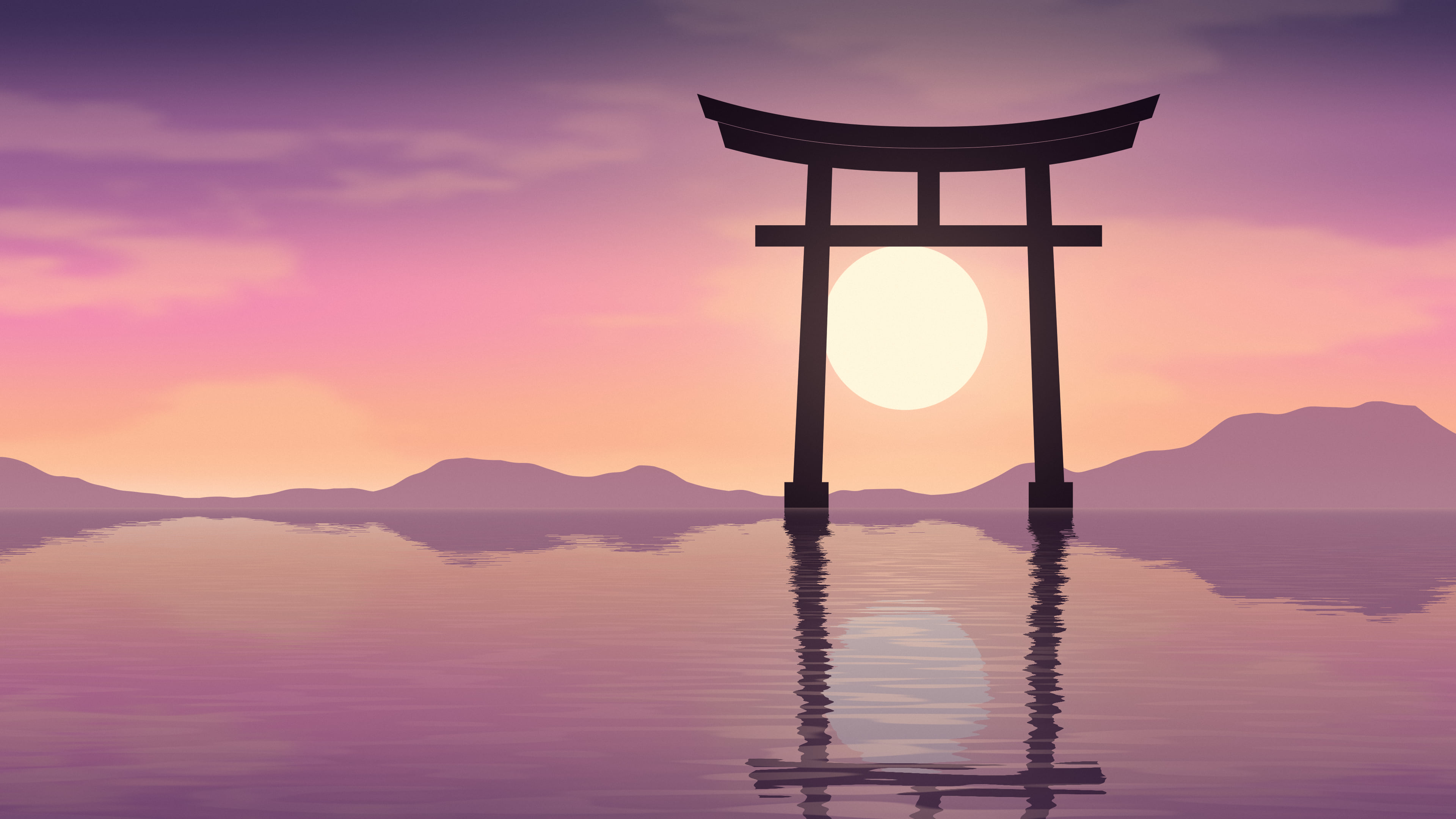 Pink Japanese Torii Gate Sunset desktop wallpaper in 4K