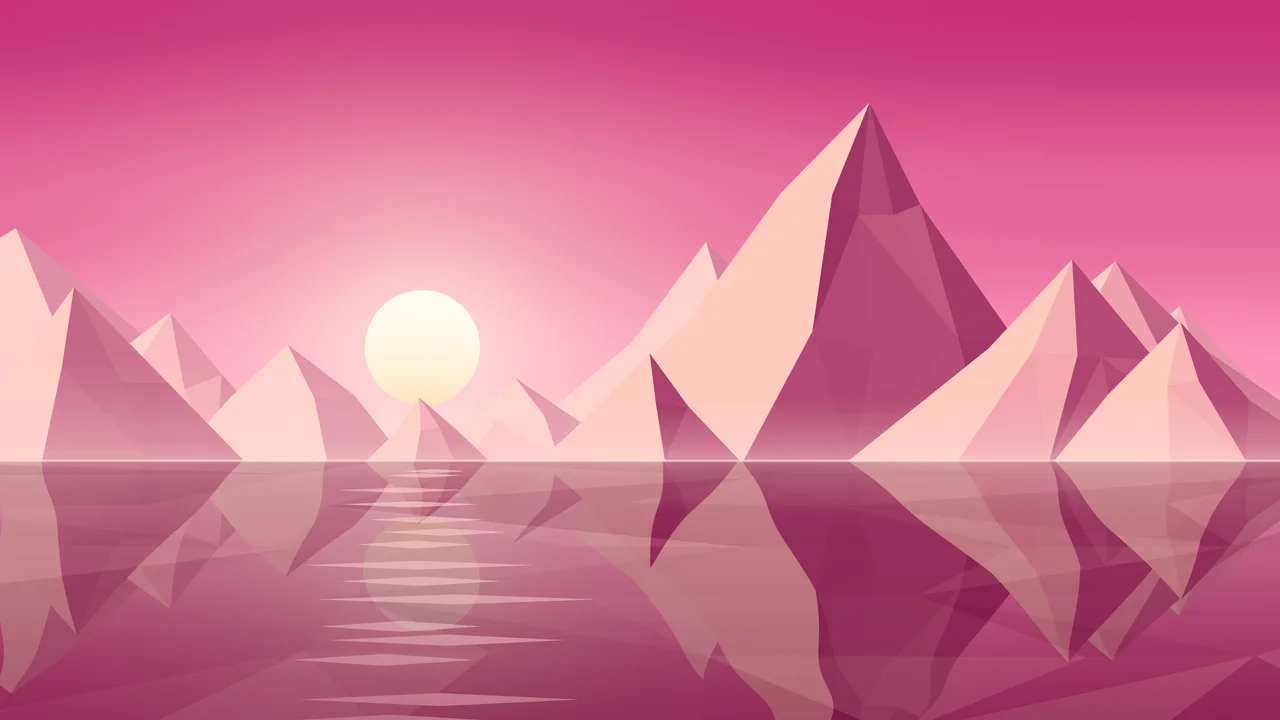 Pink Low Poly Mountain Lake at Sunset desktop wallpaper in 4K