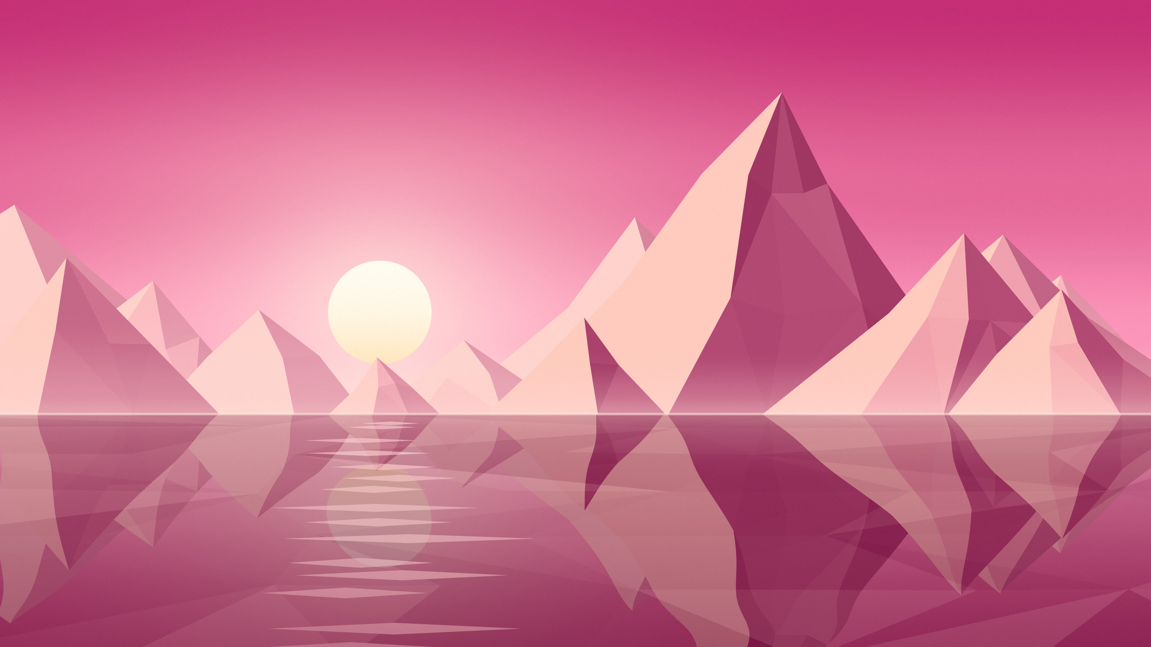 Pink Low Poly Mountain Lake at Sunset desktop wallpaper in 4K