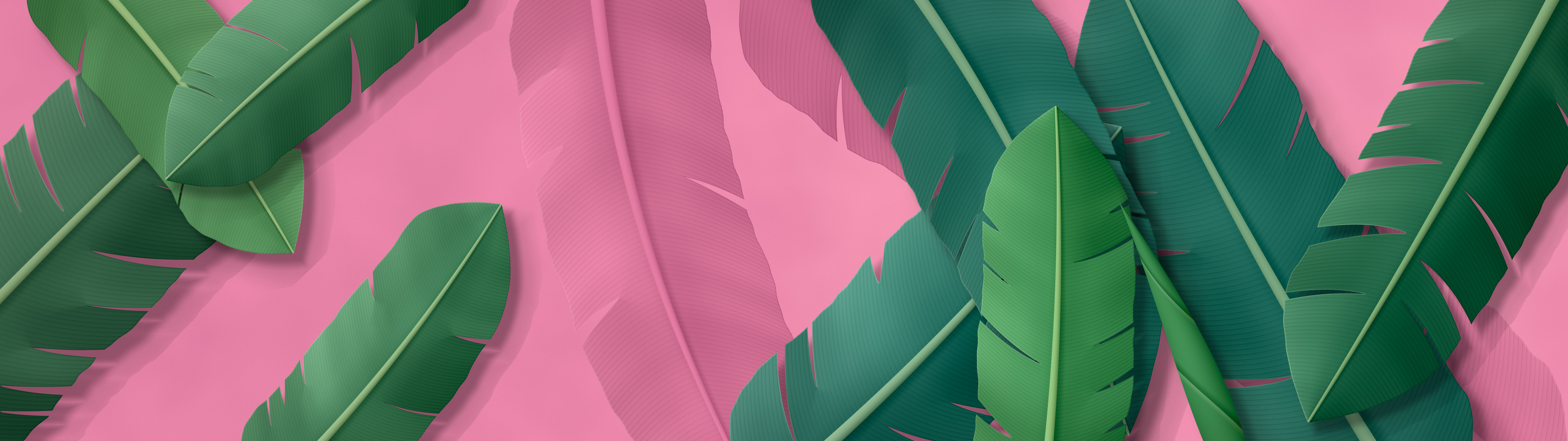 Pink Paper Banana Leaves dual monitor wallpaper, 7680 × 2160