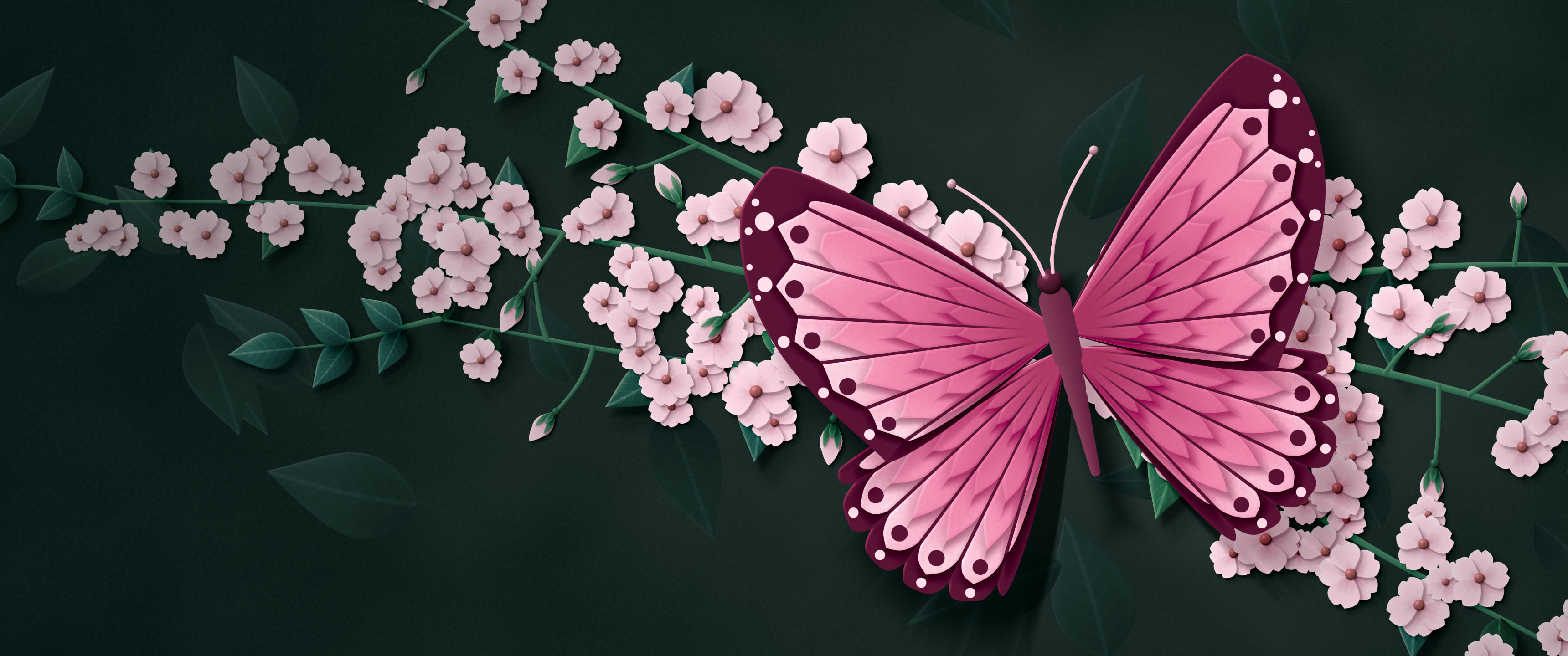 Pink Paper Butterfly ultrawide wallpaper, 3440 × 1440