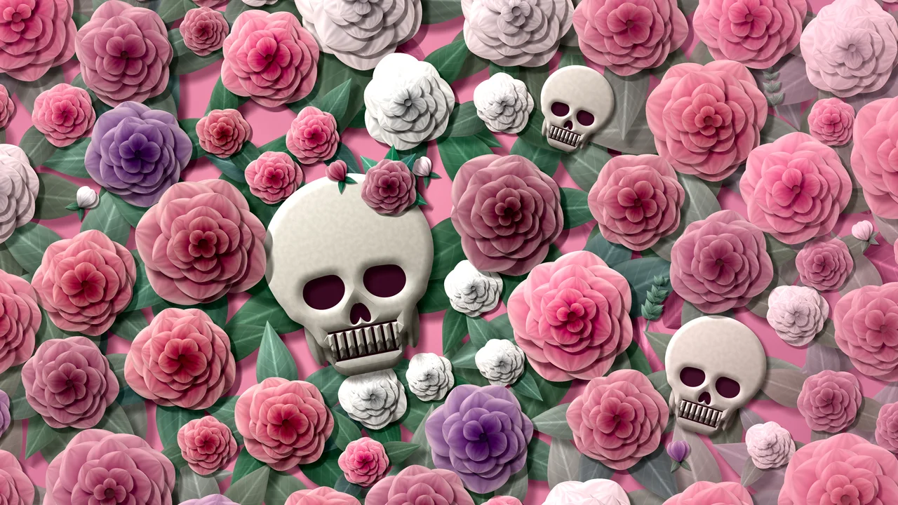 Pink Paper Skulls and Roses desktop wallpaper in 4K