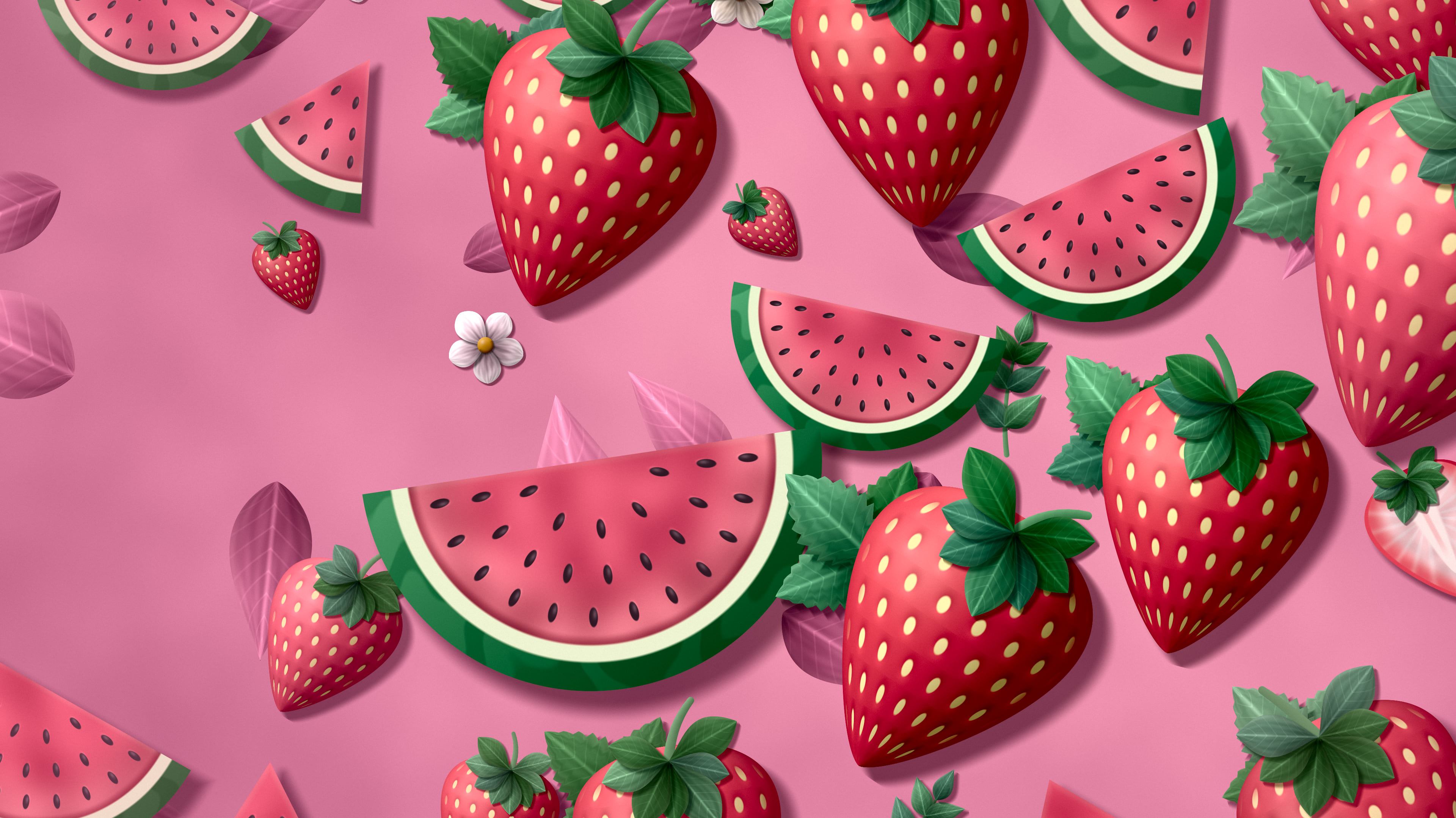 Pink Paper Watermelon and Strawberries desktop wallpaper in 4K