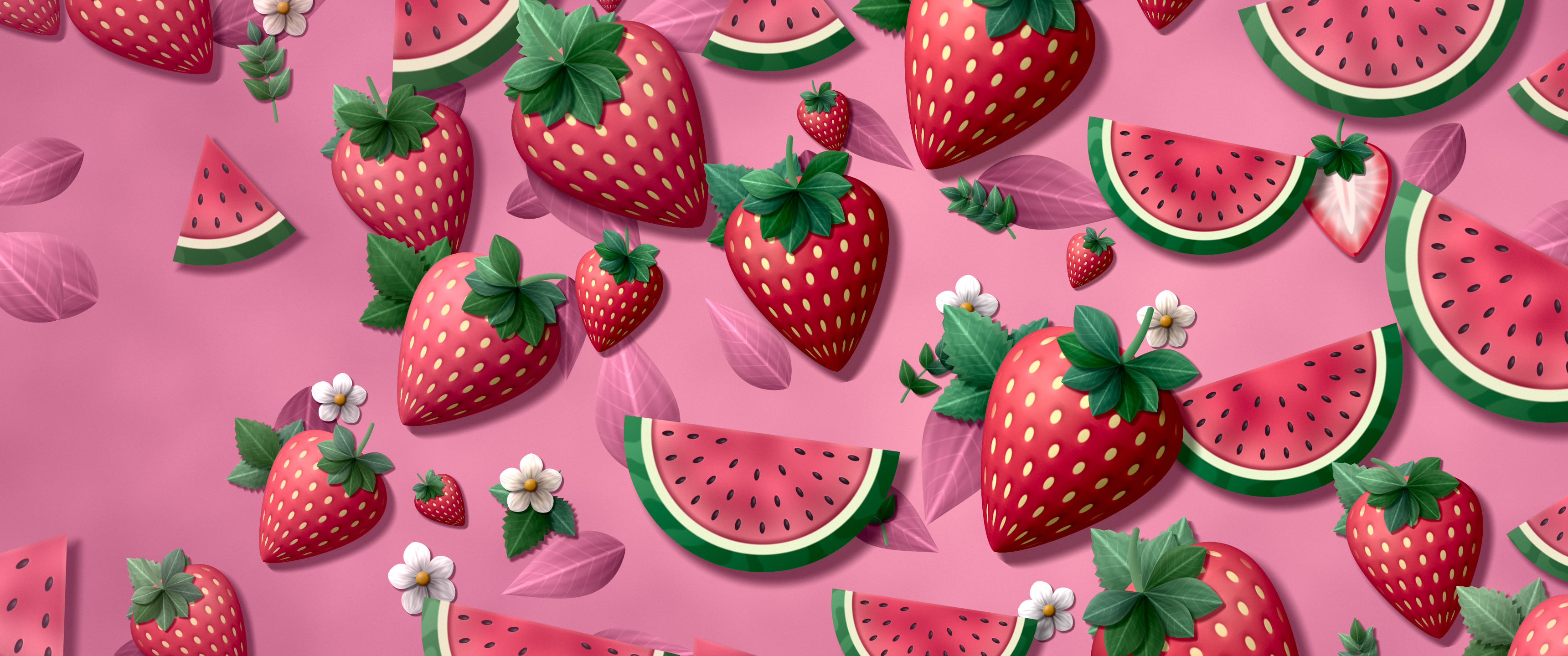 Pink Paper Watermelon and Strawberries ultrawide wallpaper, 3440 × 1440