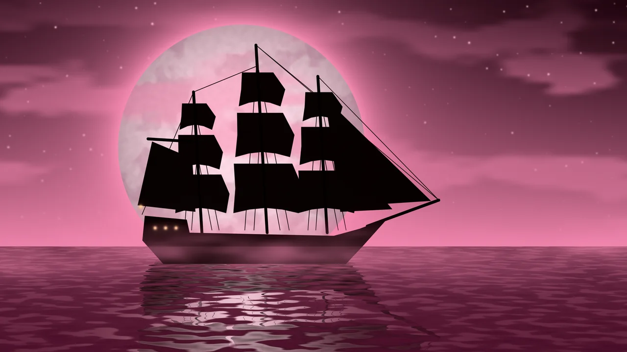 Pink Pirate Ship and Full Moon desktop wallpaper in 4K