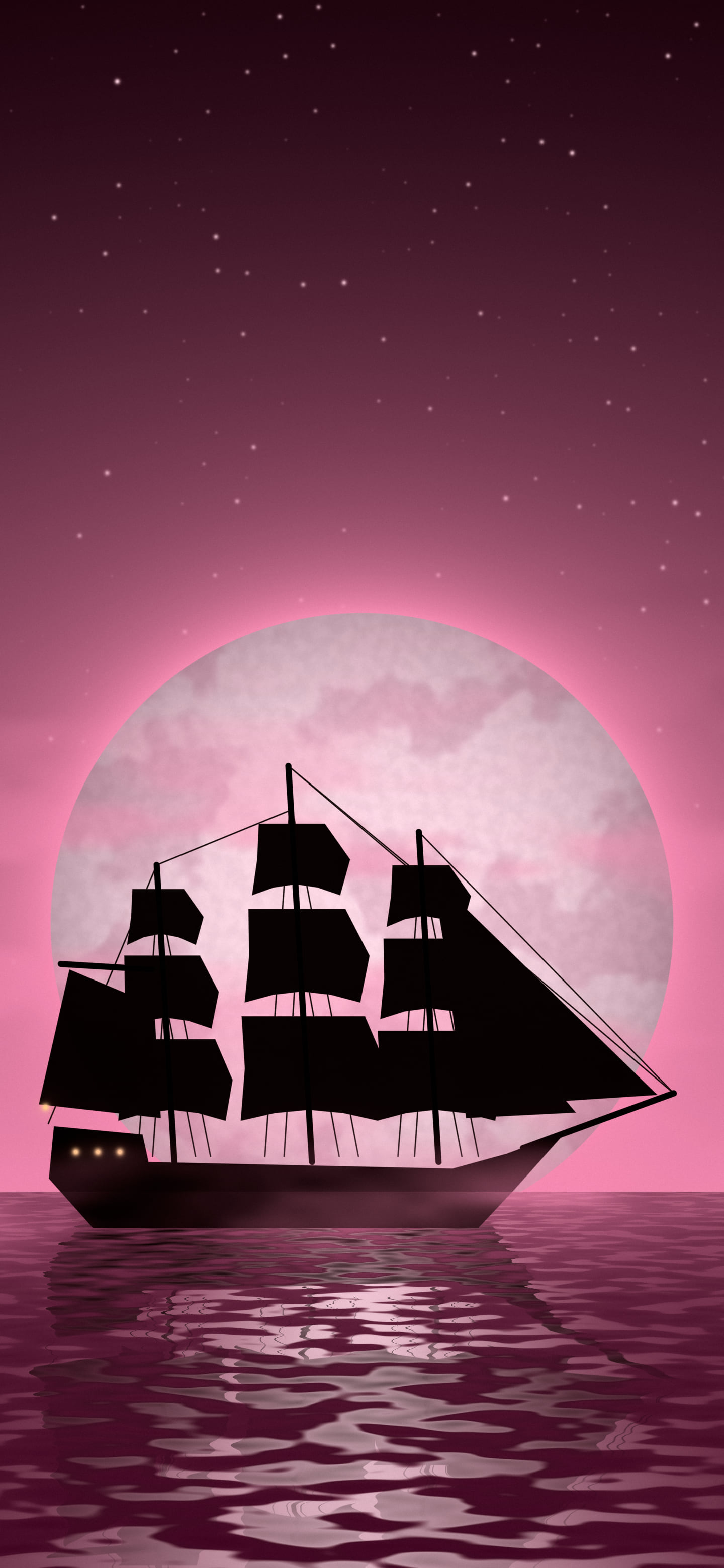 Pink Pirate Ship and Full Moon wallpaper for iPhone and Android