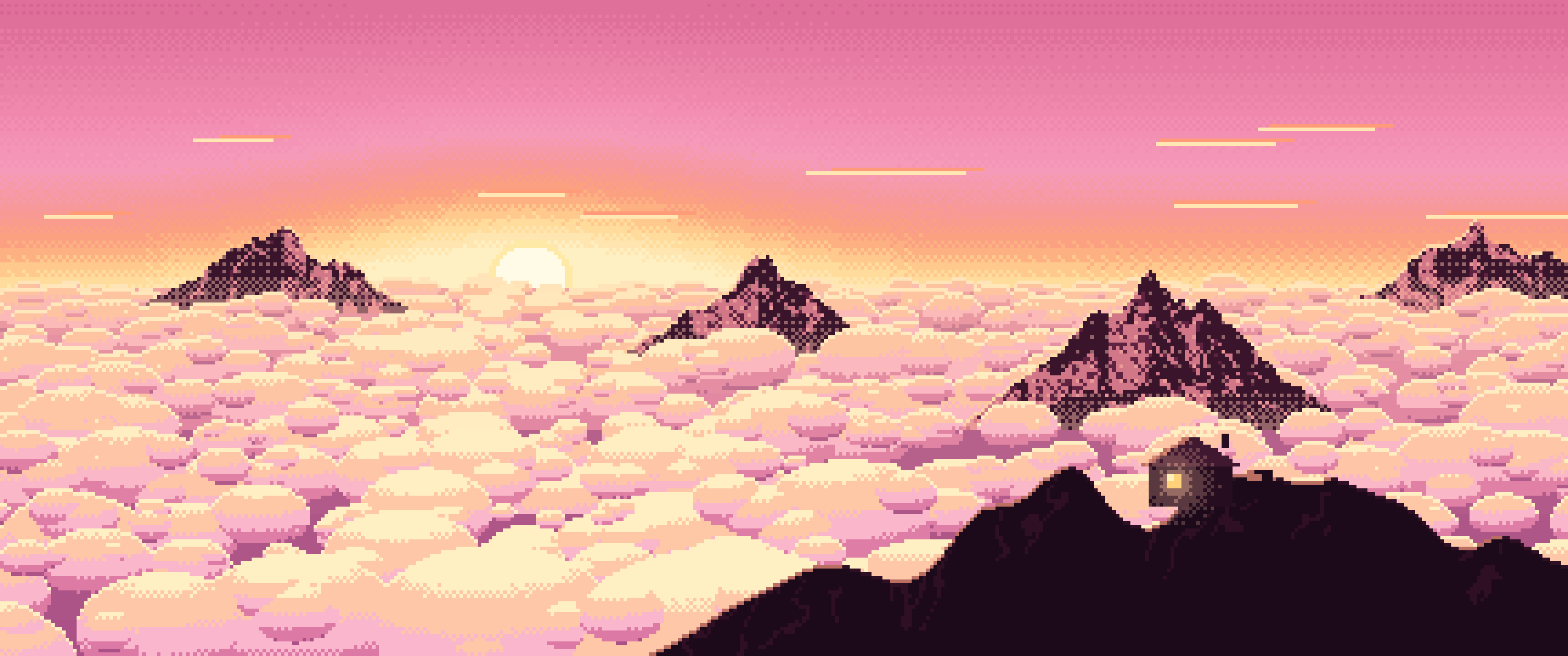 Pink Pixel Art Above the Clouds at Sunrise ultrawide wallpaper, 3440 × 1440