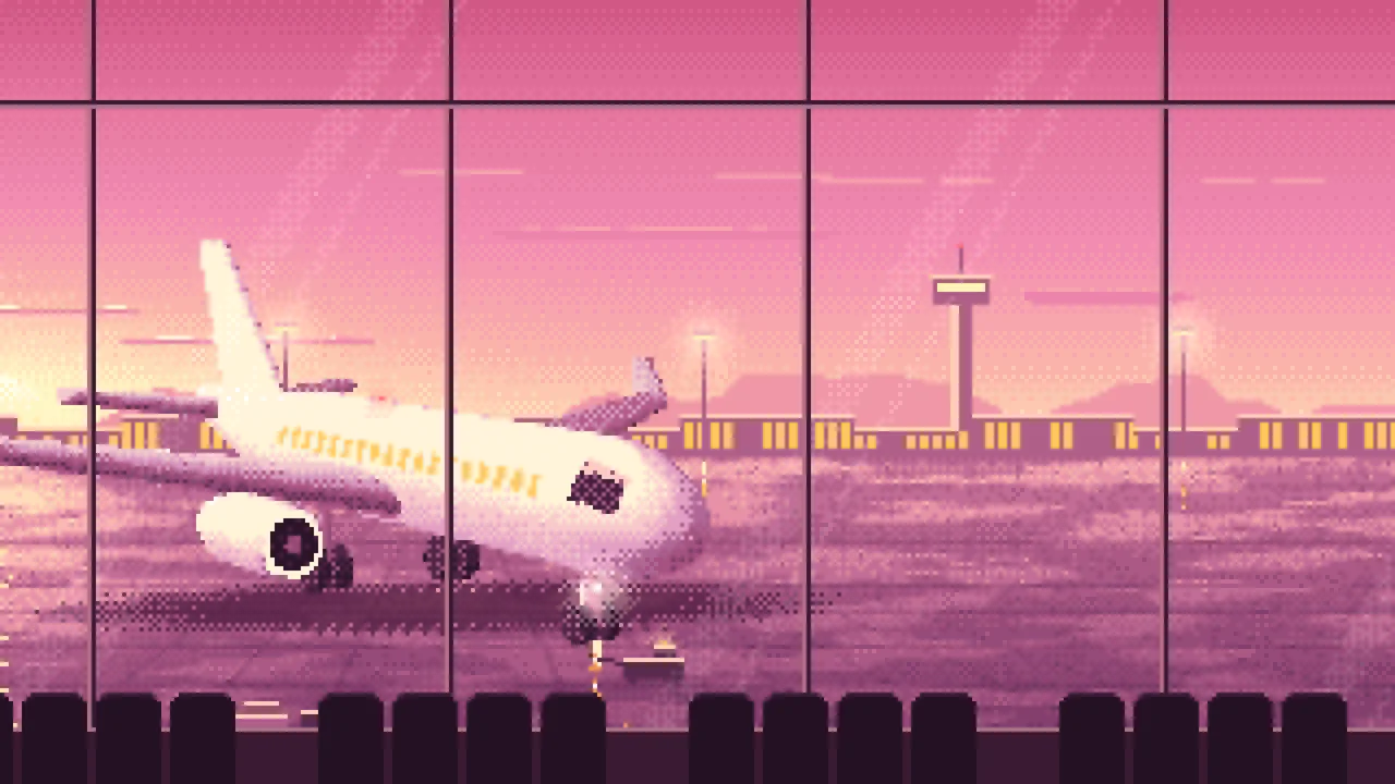 Pink Pixel Art Airplane at the Airport at Dusk desktop wallpaper in 4K