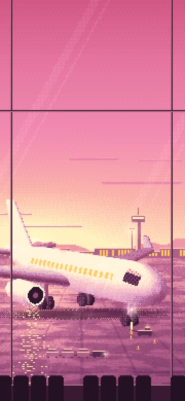Pink Pixel Art Airplane at the Airport at Dusk wallpaper for iPhone and Android