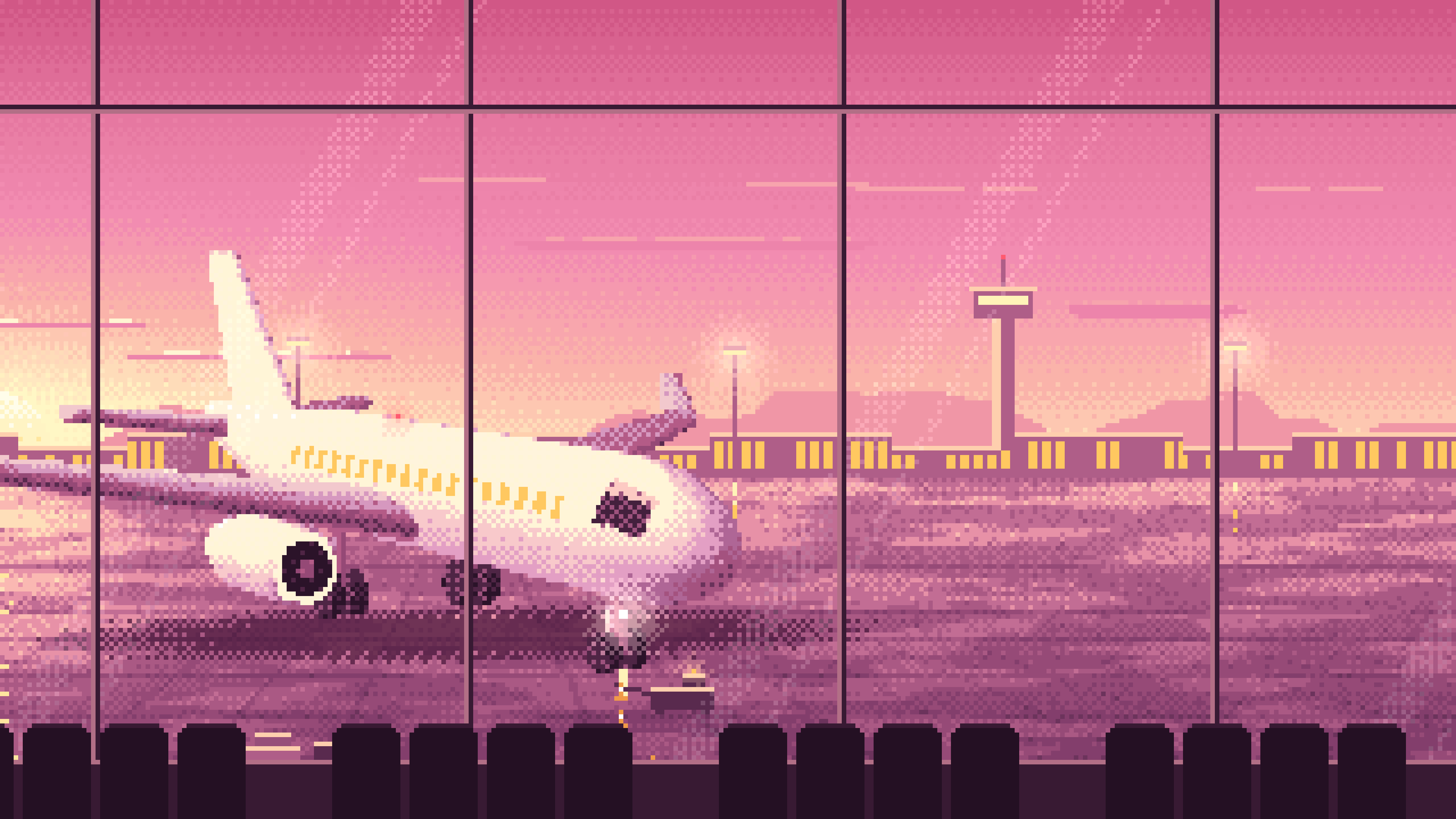 Pink Pixel Art Airplane at the Airport at Dusk desktop wallpaper in 4K