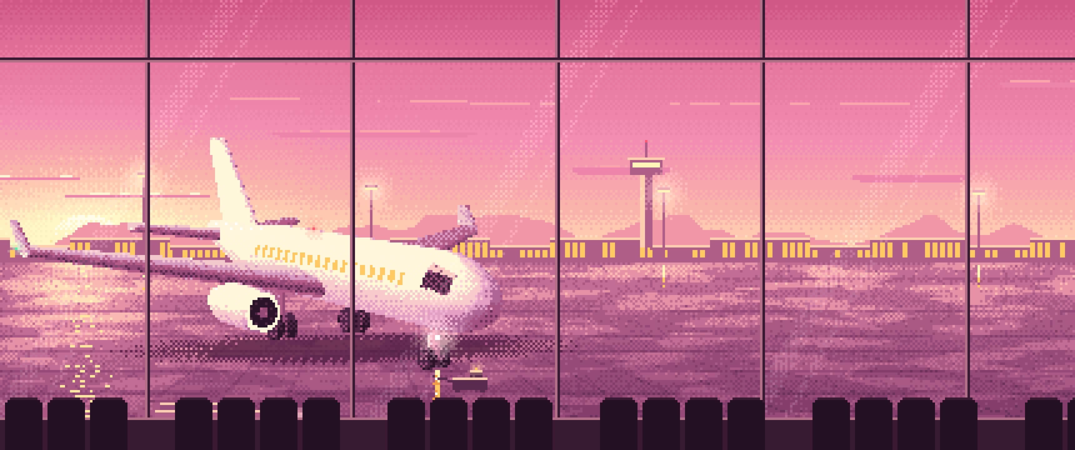 Pink Pixel Art Airplane at the Airport at Dusk ultrawide wallpaper, 3440 × 1440
