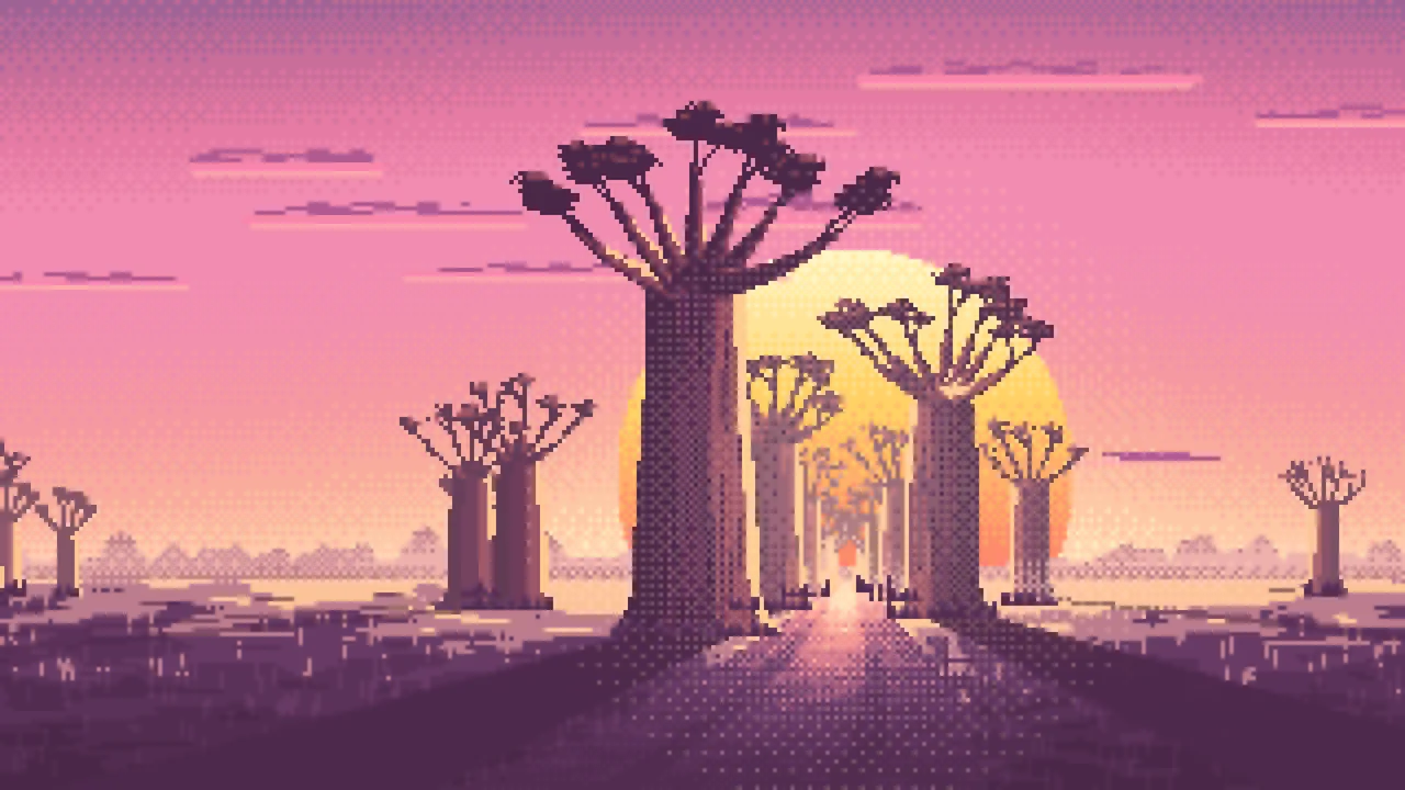 Pink Pixel Art Baobab Trees at Sunset desktop wallpaper in 4K