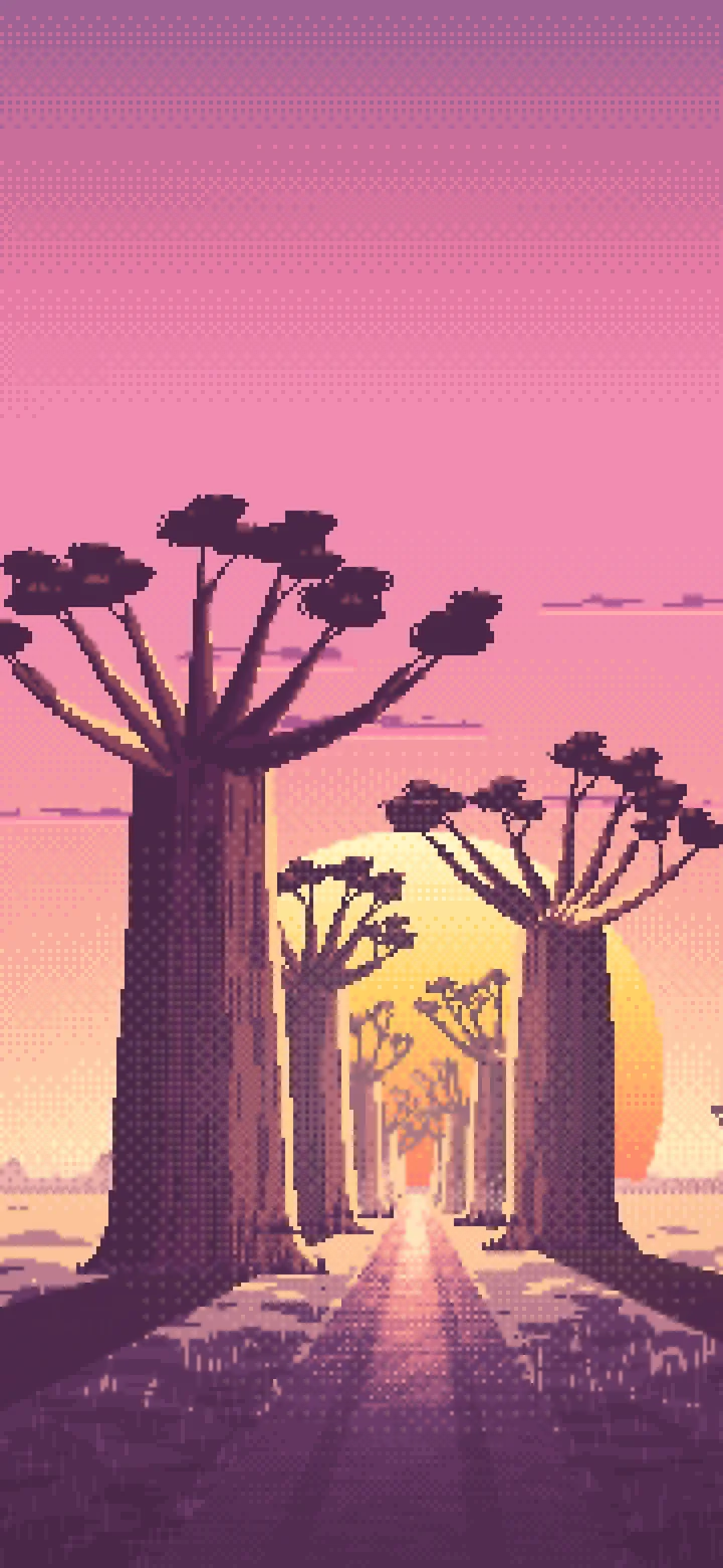 Pink Pixel Art Baobab Trees at Sunset wallpaper for iPhone and Android