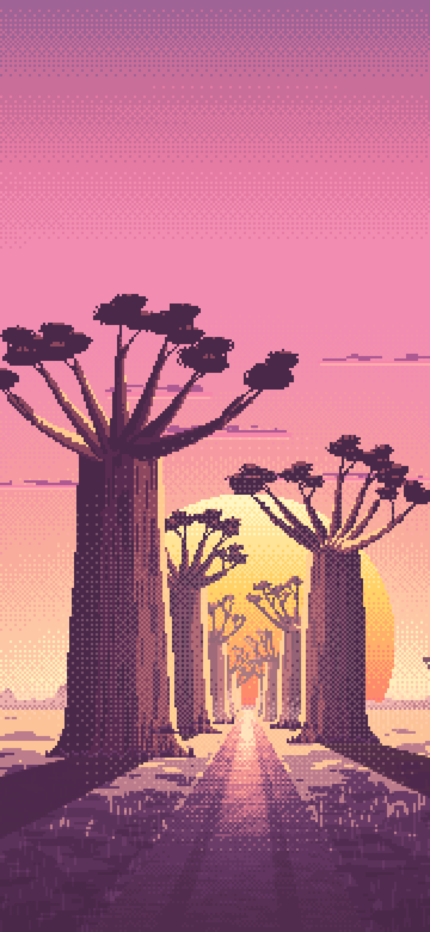 Pink Pixel Art Baobab Trees at Sunset wallpaper for iPhone and Android