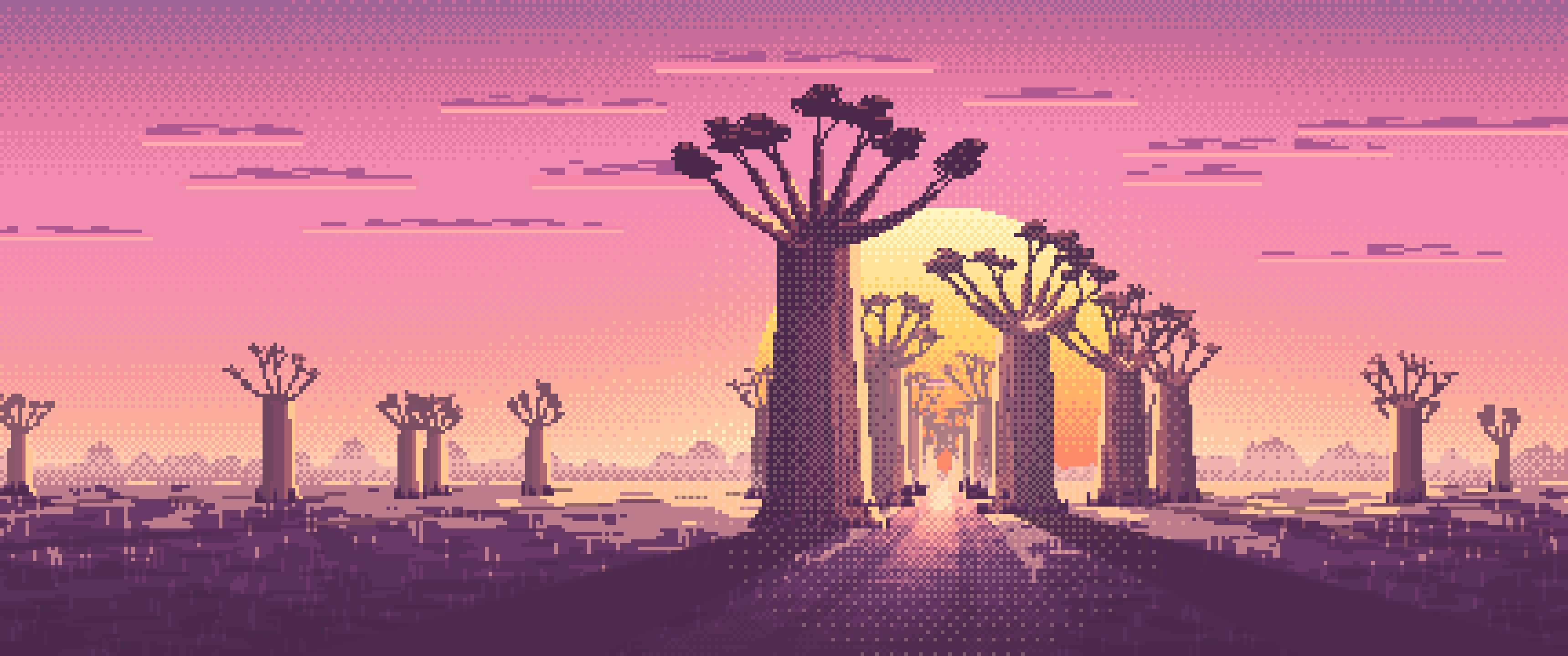 Pink Pixel Art Baobab Trees at Sunset ultrawide wallpaper, 3440 × 1440