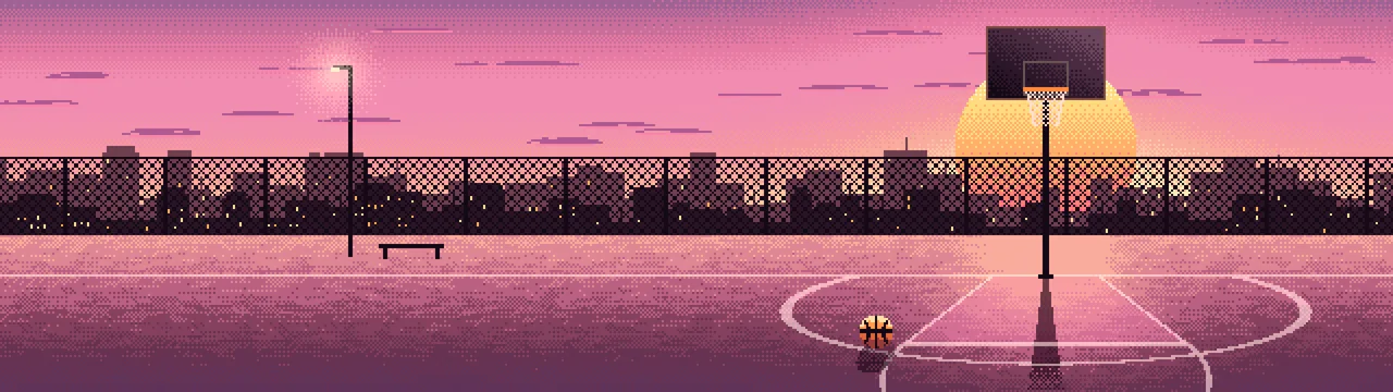 Pink Pixel Art Basketball Court at Sunset dual monitor wallpaper, 7680 × 2160