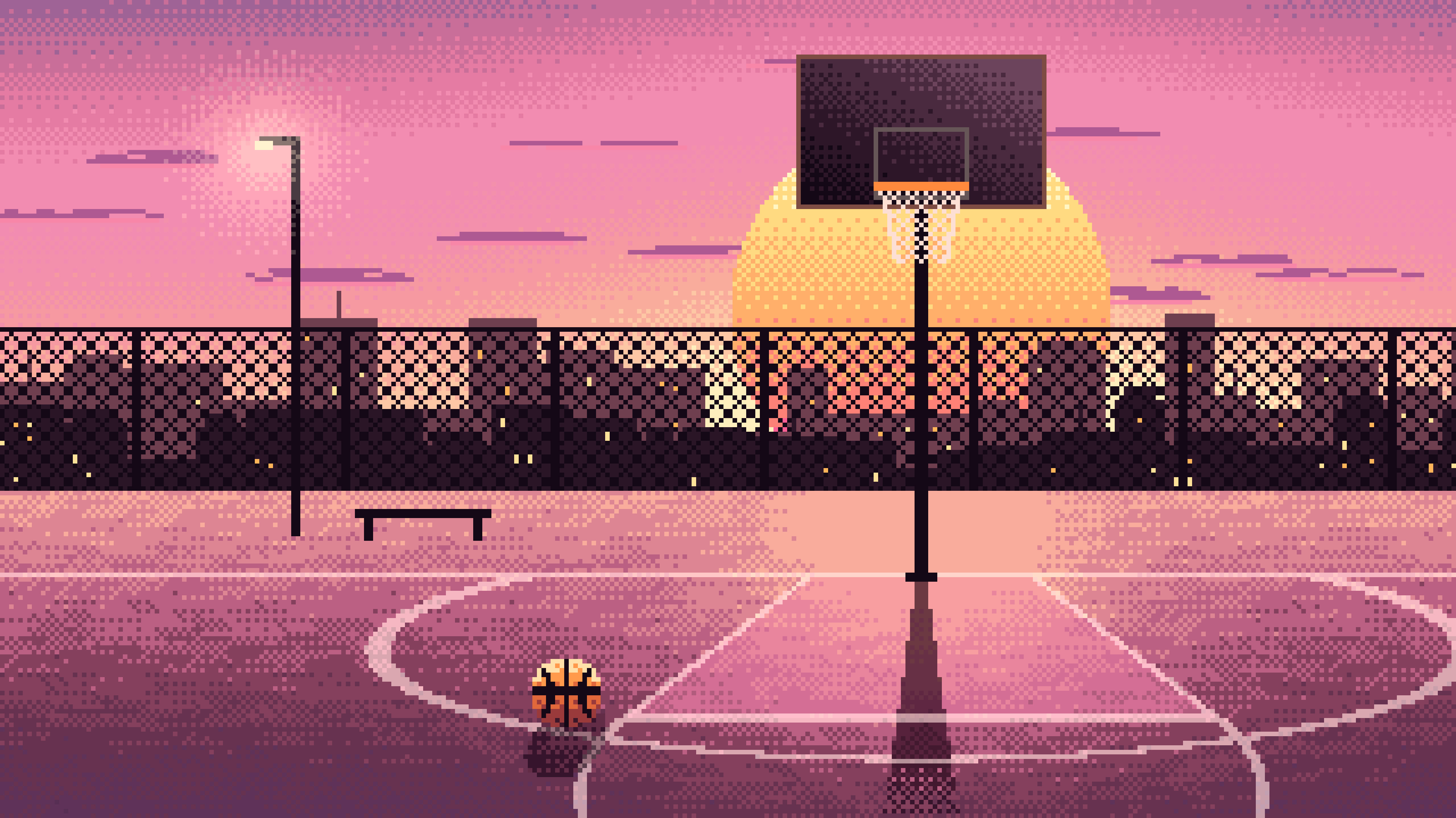 Pink Pixel Art Basketball Court at Sunset desktop wallpaper in 4K