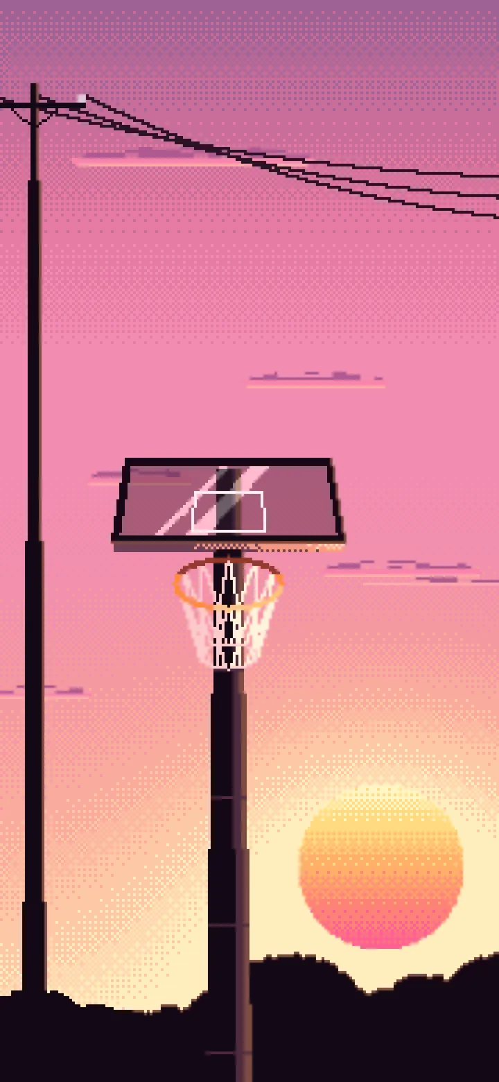 Pink Pixel Art Basketball Hoop at Sunset wallpaper for iPhone and Android