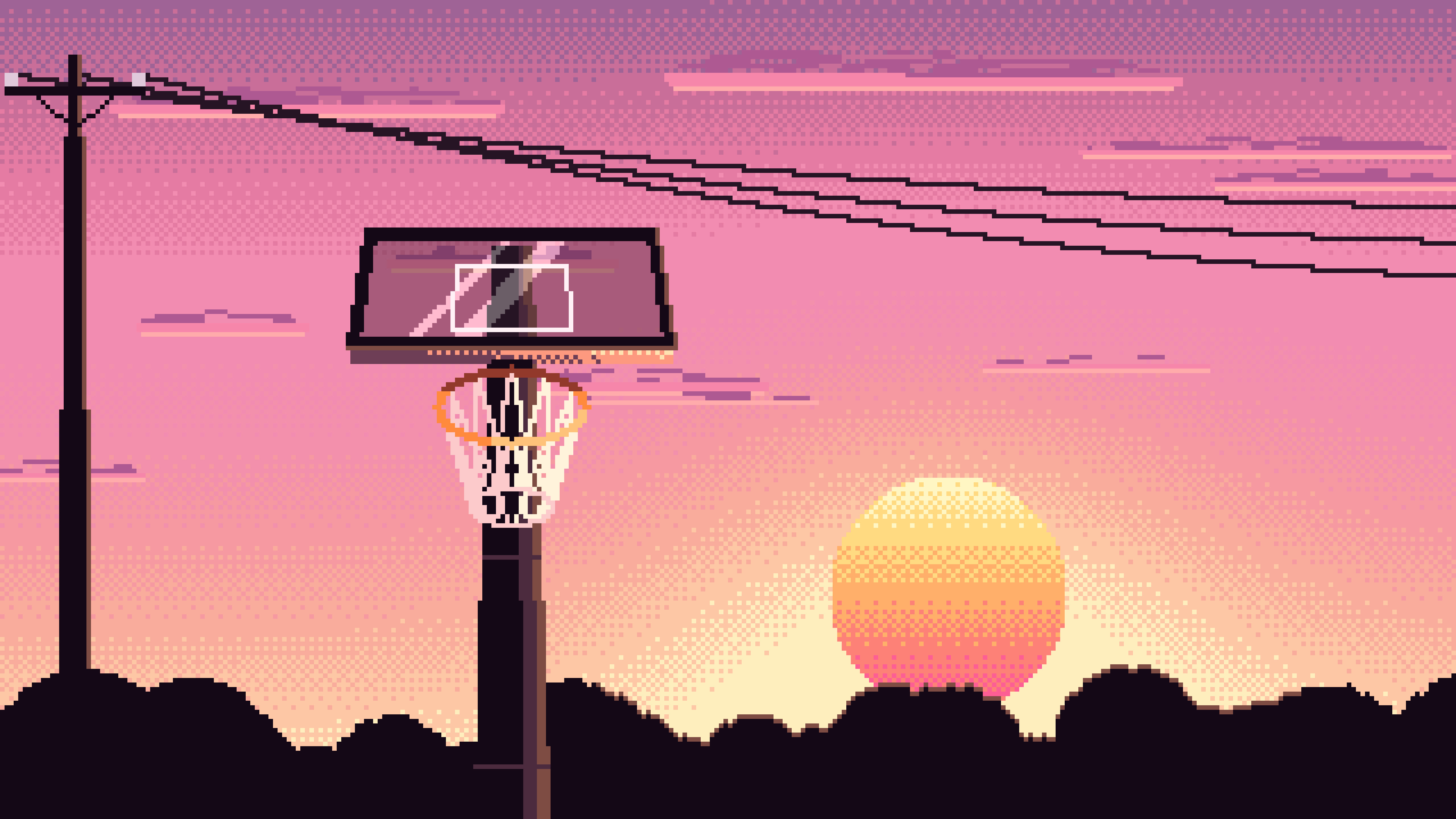 Pink Pixel Art Basketball Hoop at Sunset desktop wallpaper in 4K