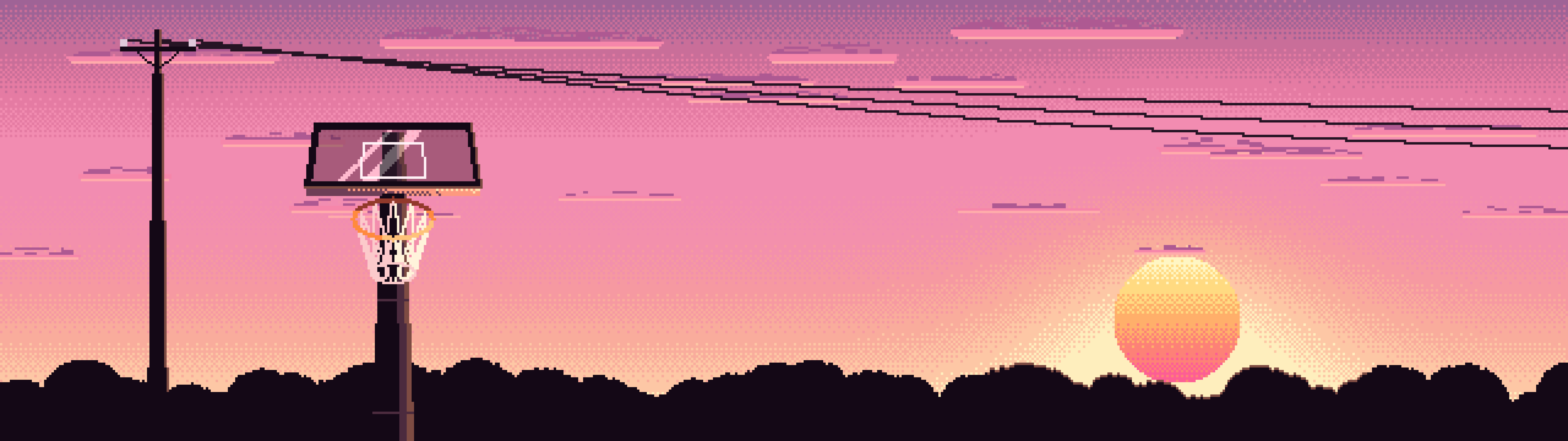 Pink Pixel Art Basketball Hoop at Sunset dual monitor wallpaper, 7680 × 2160