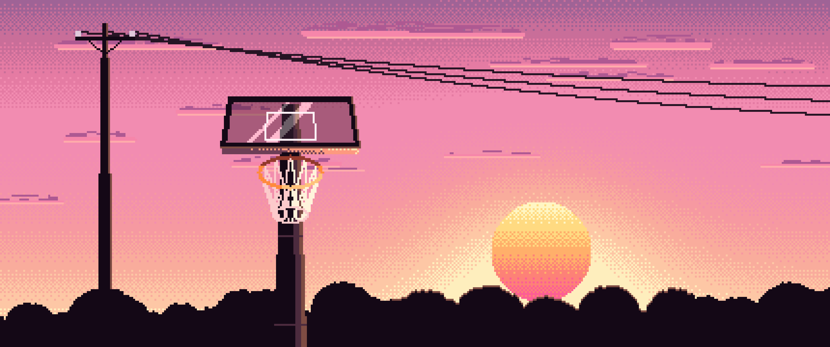 Pink Pixel Art Basketball Hoop at Sunset ultrawide wallpaper, 3440 × 1440