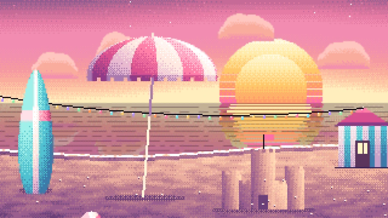 Pink Pixel Art Beach Hut Sunset desktop wallpaper in 4K