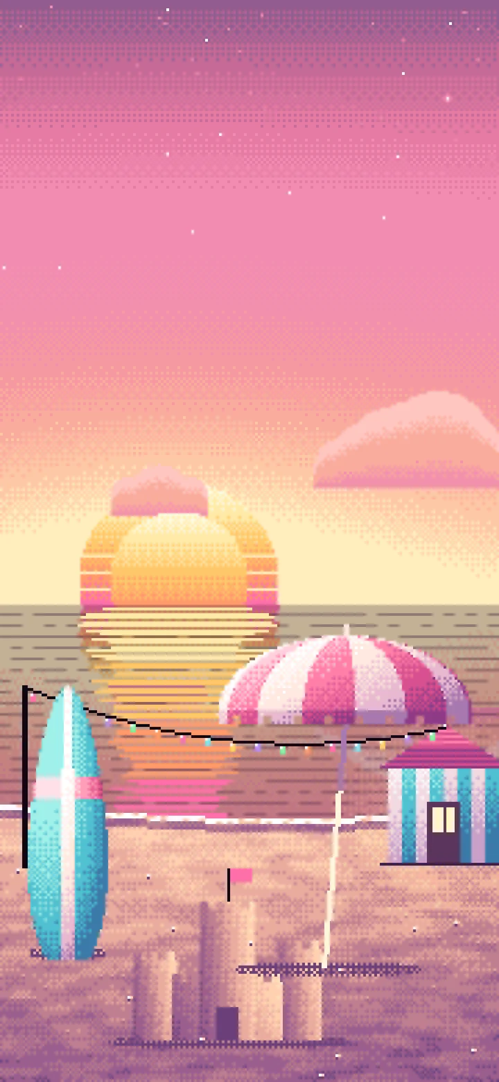 Pink Pixel Art Beach Hut Sunset wallpaper for iPhone and Android