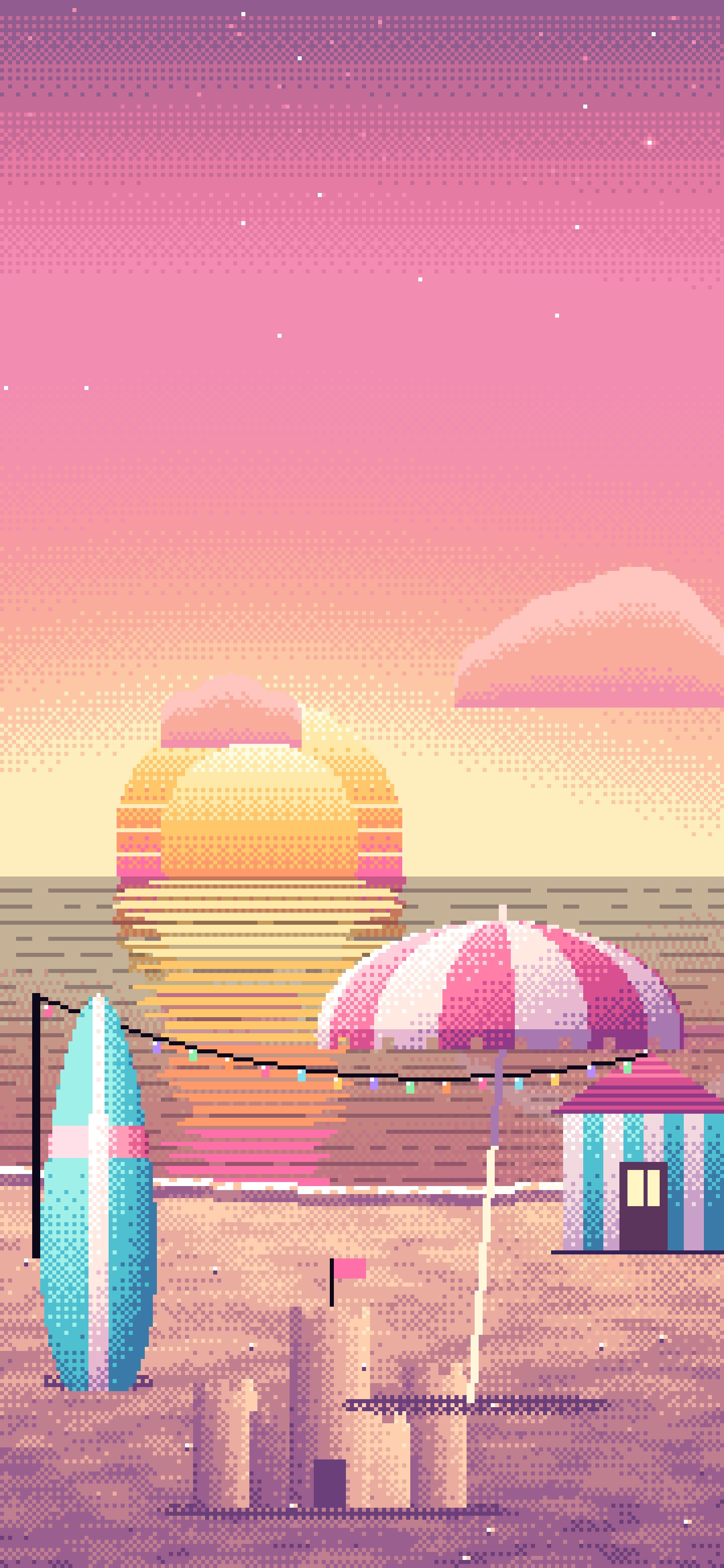 Pink Pixel Art Beach Hut Sunset wallpaper for iPhone and Android