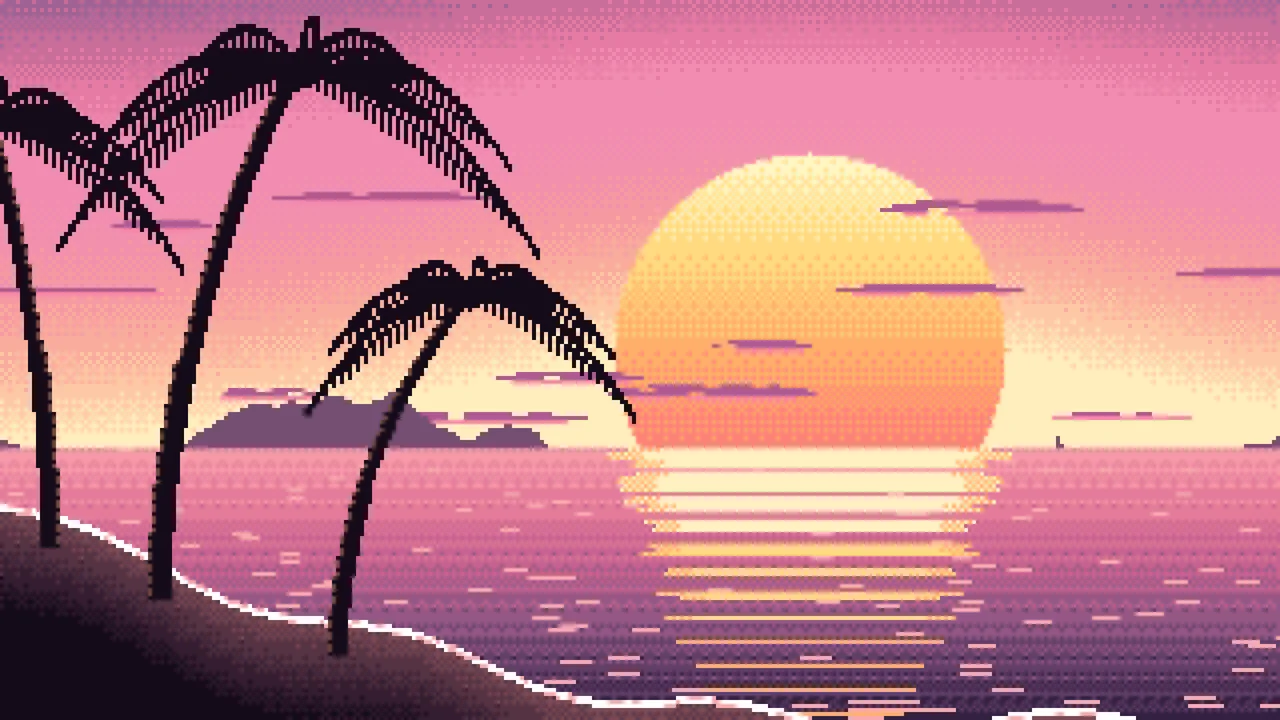 Pink Pixel Art Beach Sunset desktop wallpaper in 4K