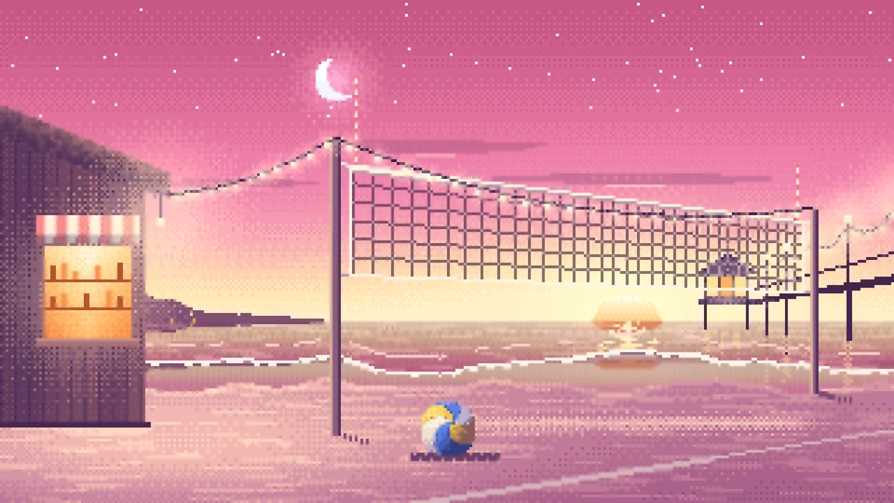 Pink Pixel Art Beach Volleyball by a Pier at Dusk desktop wallpaper in 4K