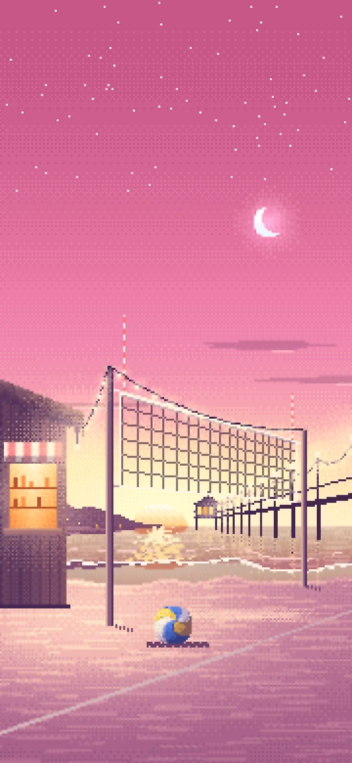 Pink Pixel Art Beach Volleyball by a Pier at Dusk wallpaper for iPhone and Android