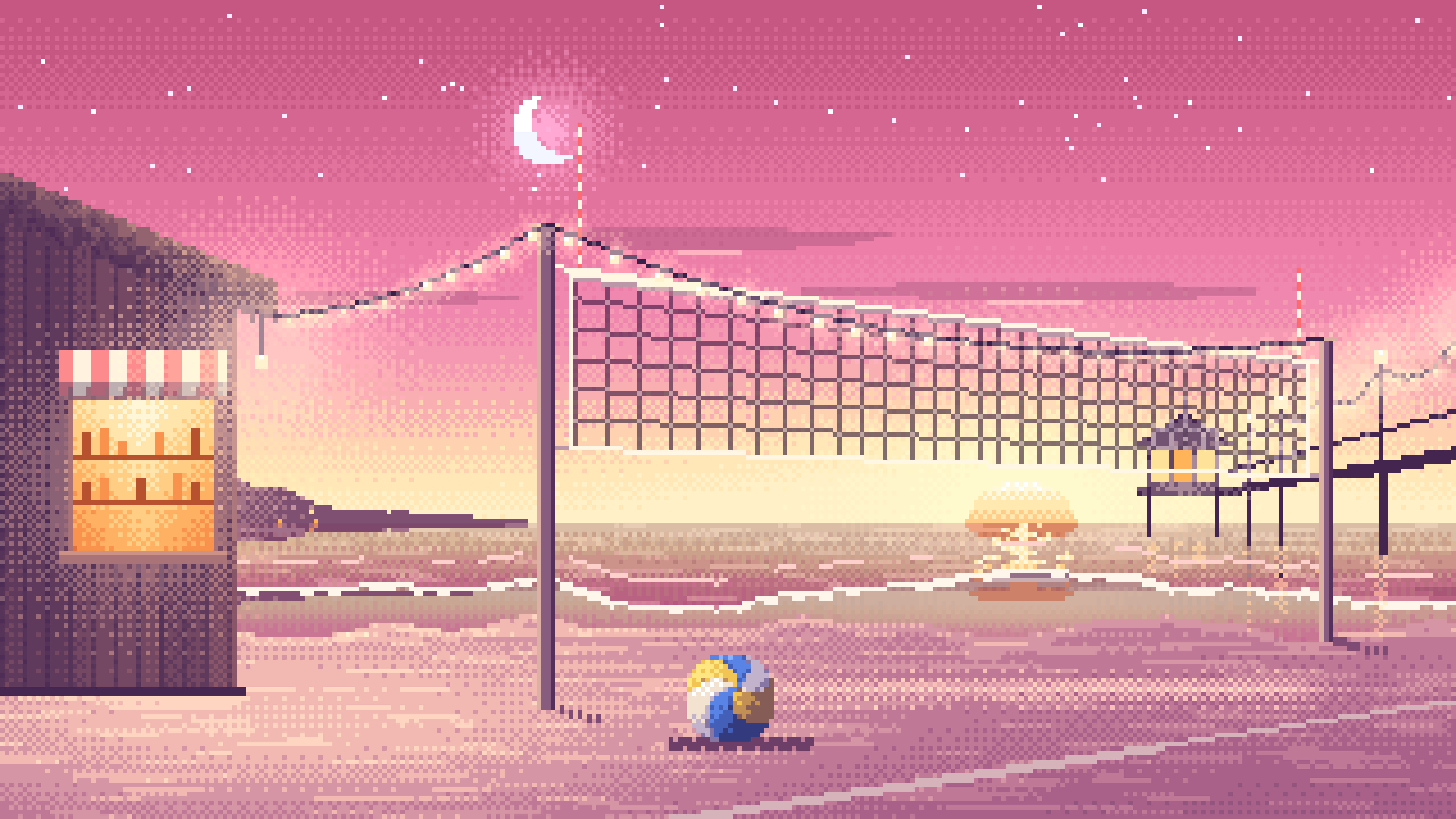 Pink Pixel Art Beach Volleyball by a Pier at Dusk desktop wallpaper in 4K
