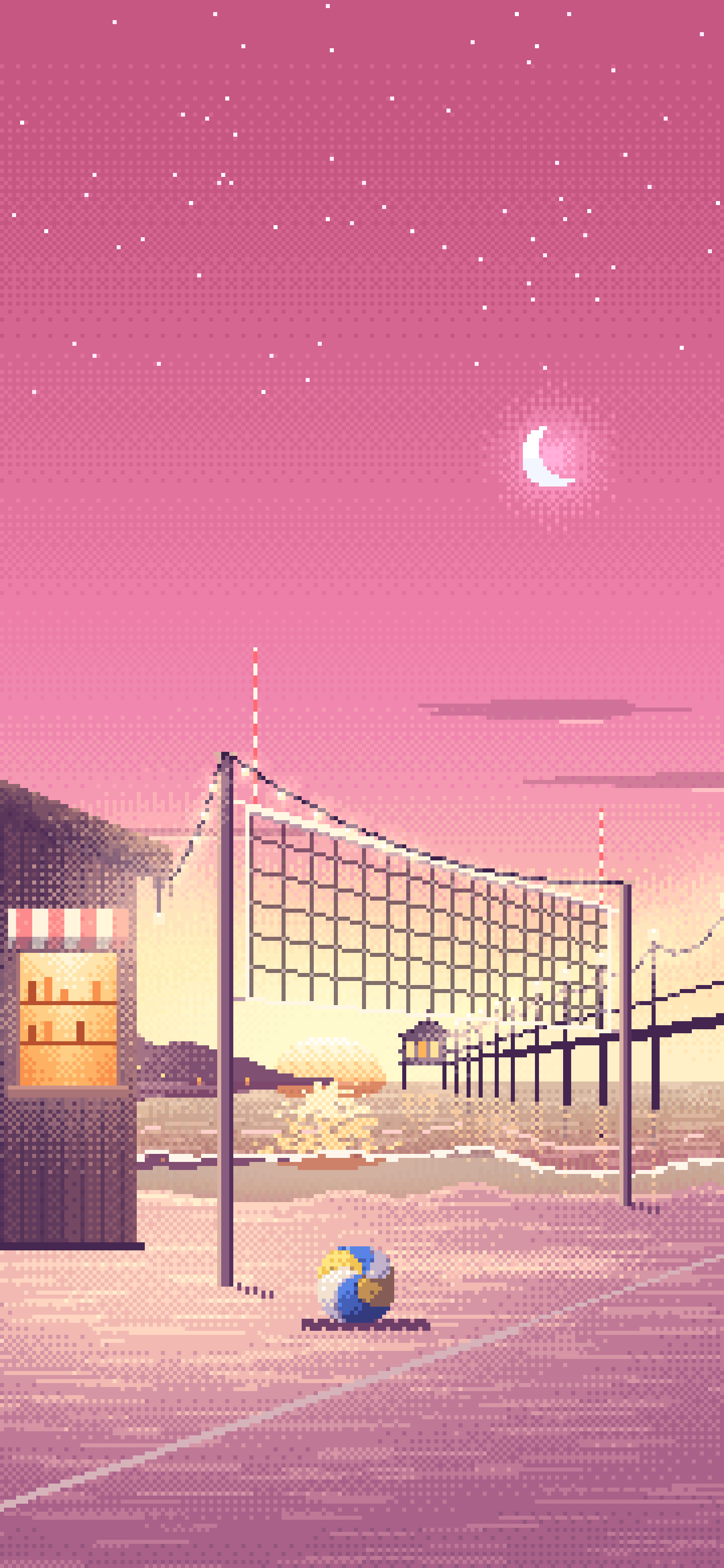 Pink Pixel Art Beach Volleyball by a Pier at Dusk wallpaper for iPhone and Android