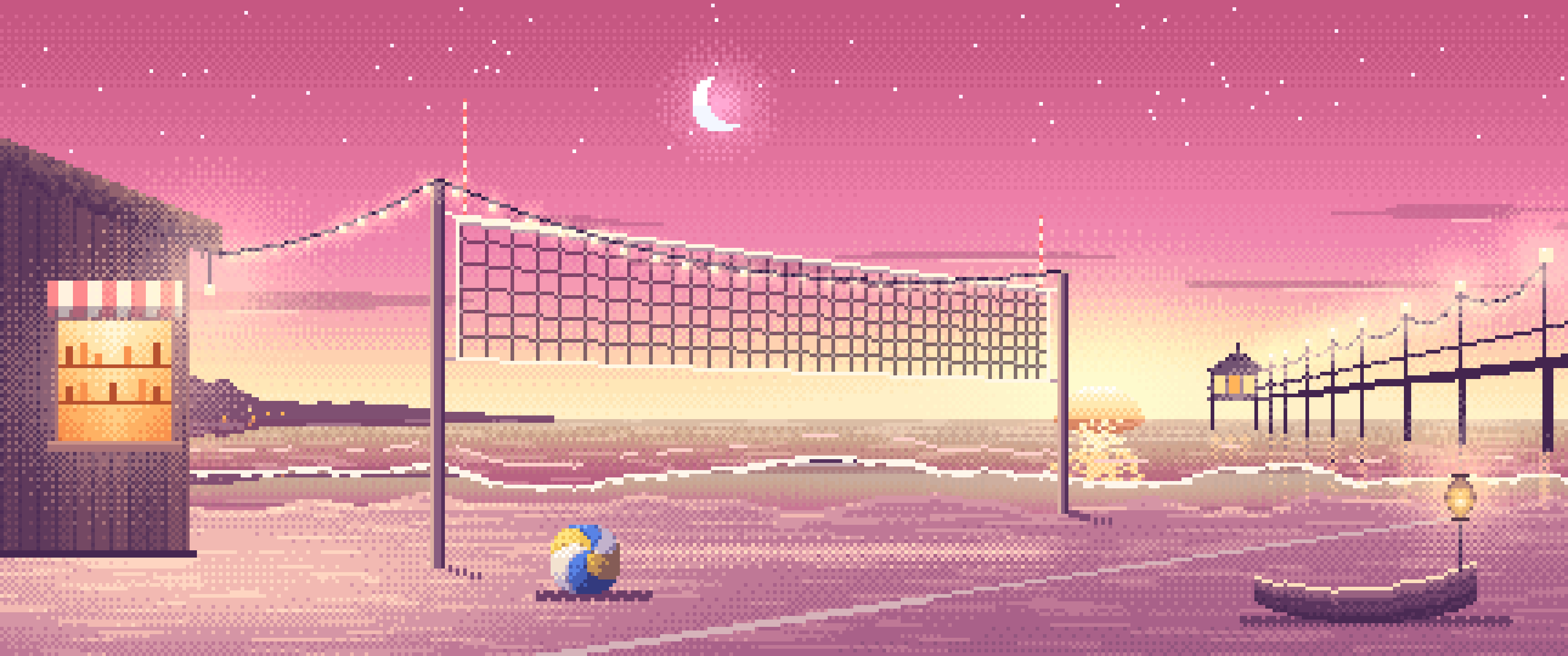 Pink Pixel Art Beach Volleyball by a Pier at Dusk ultrawide wallpaper, 3440 × 1440