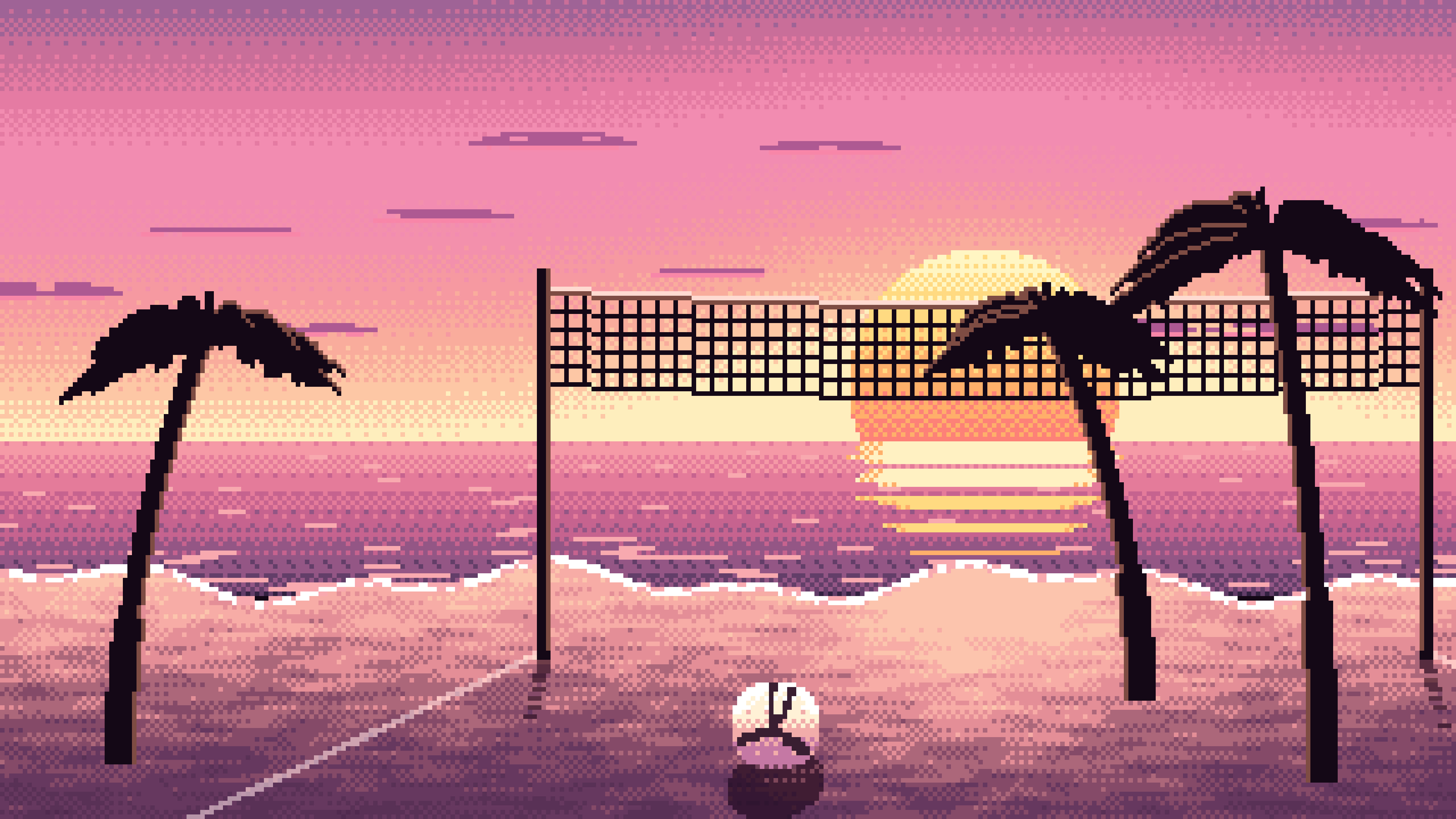 Pink Pixel Art Beach Volleyball desktop wallpaper in 4K