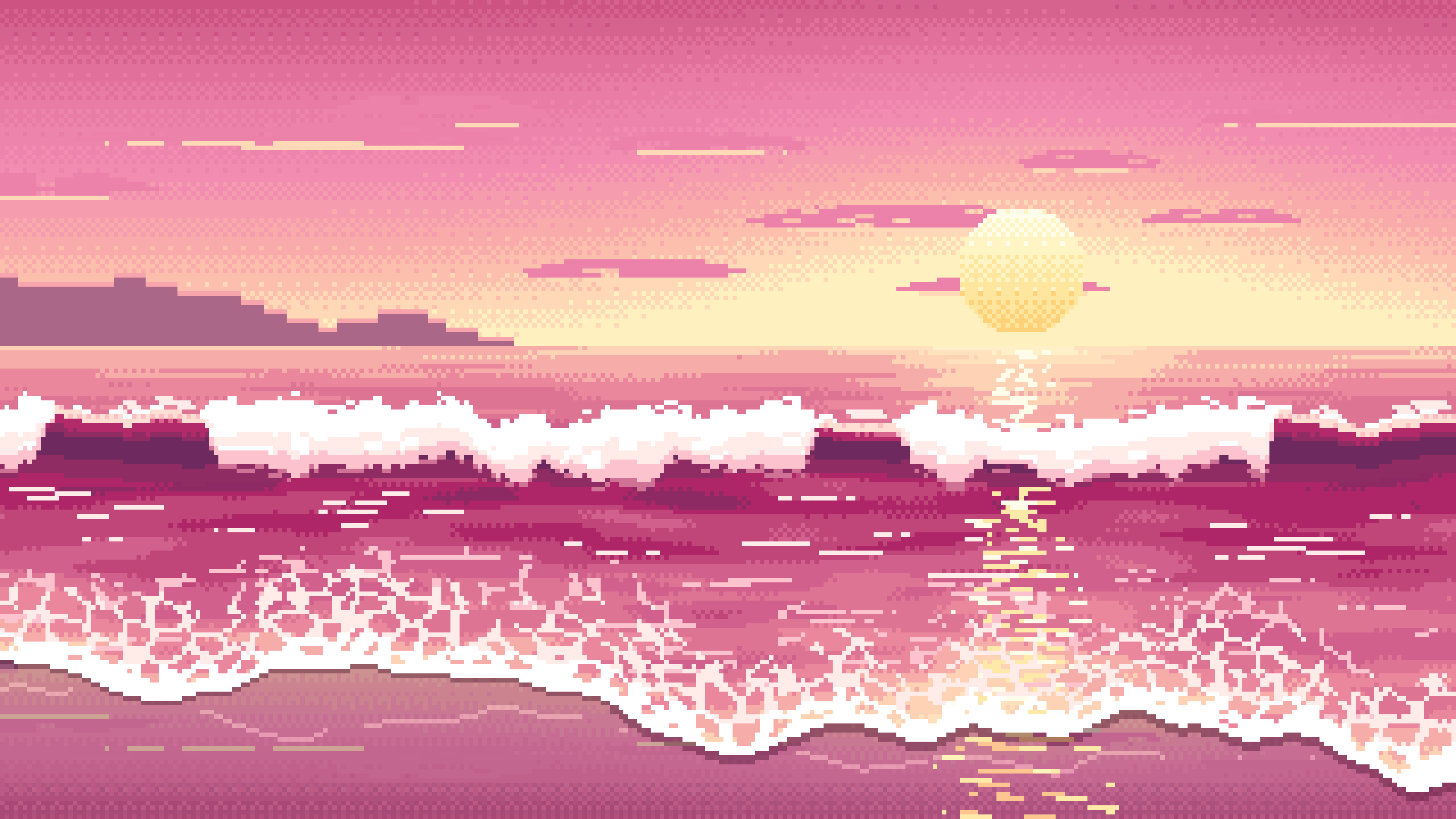 Pink Pixel Art Beach Waves at Sunset desktop wallpaper in 4K