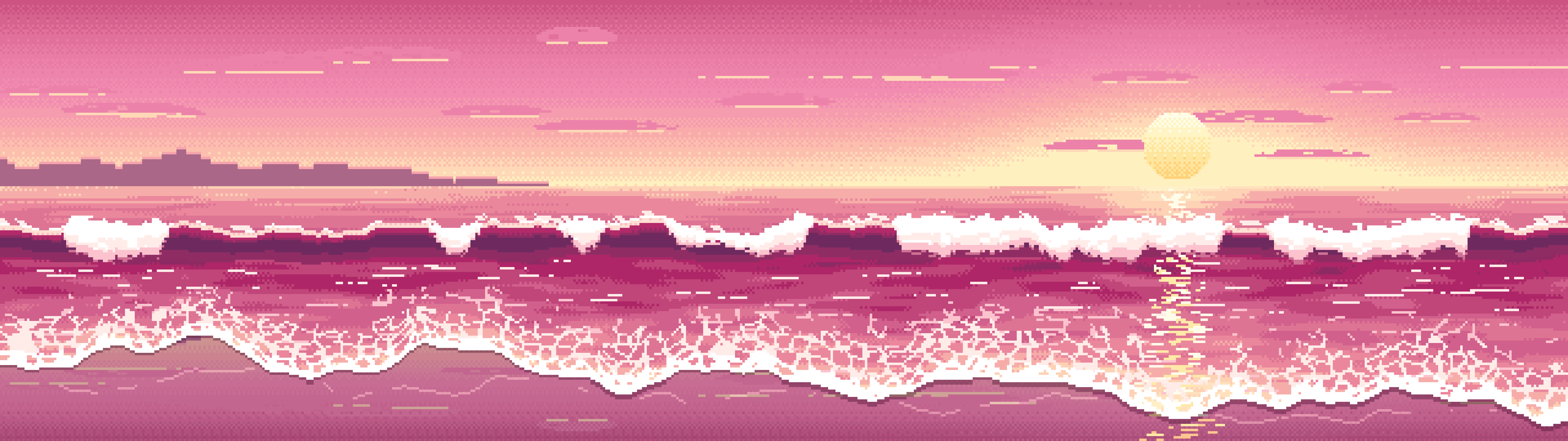 Pink Pixel Art Beach Waves at Sunset dual monitor wallpaper, 7680 × 2160