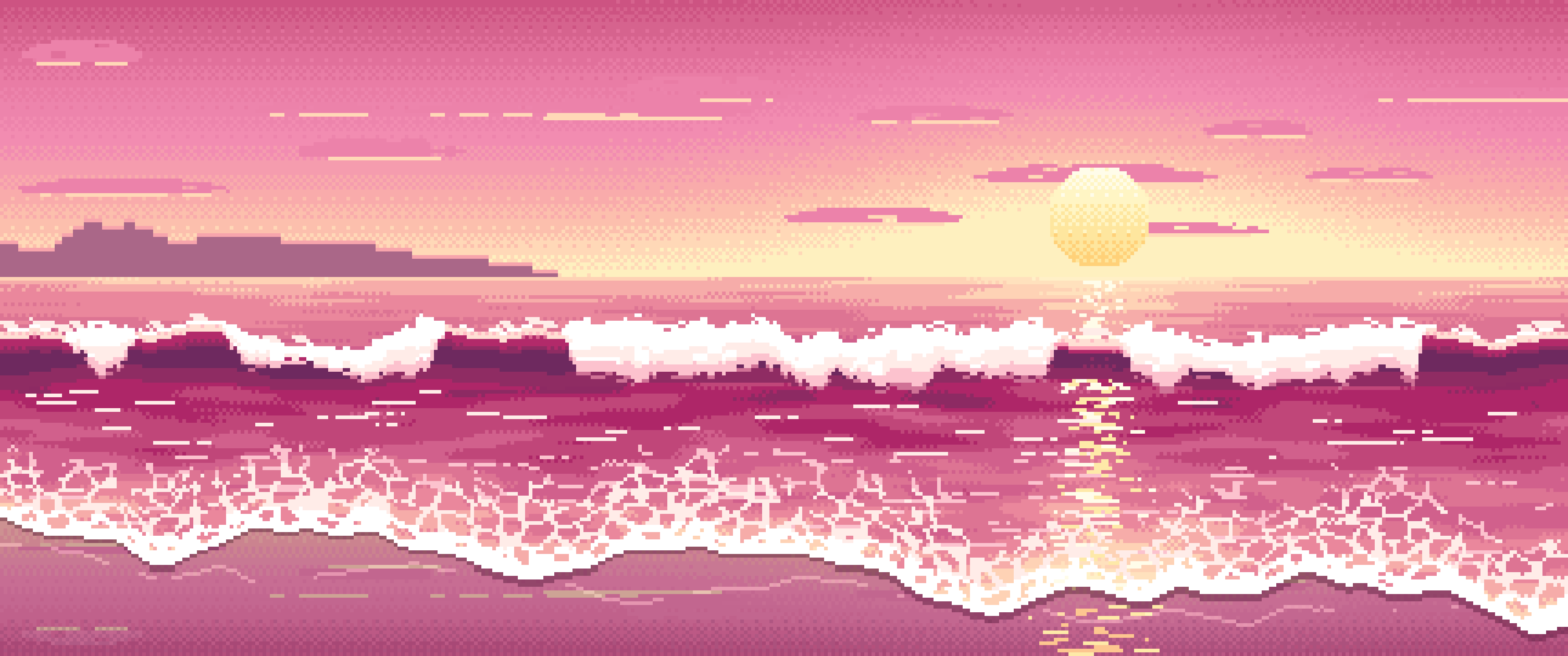 Pink Pixel Art Beach Waves at Sunset ultrawide wallpaper, 3440 × 1440