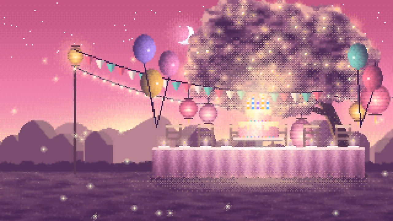 Pink Pixel Art Birthday Garden Party desktop wallpaper in 4K
