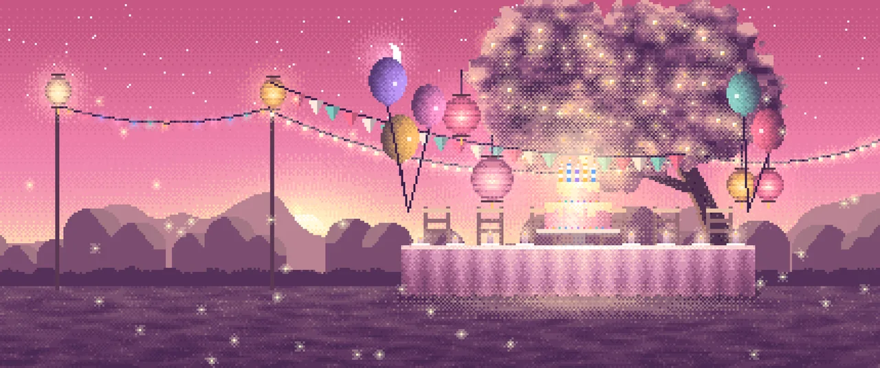 Pink Pixel Art Birthday Garden Party ultrawide wallpaper, 3440 × 1440