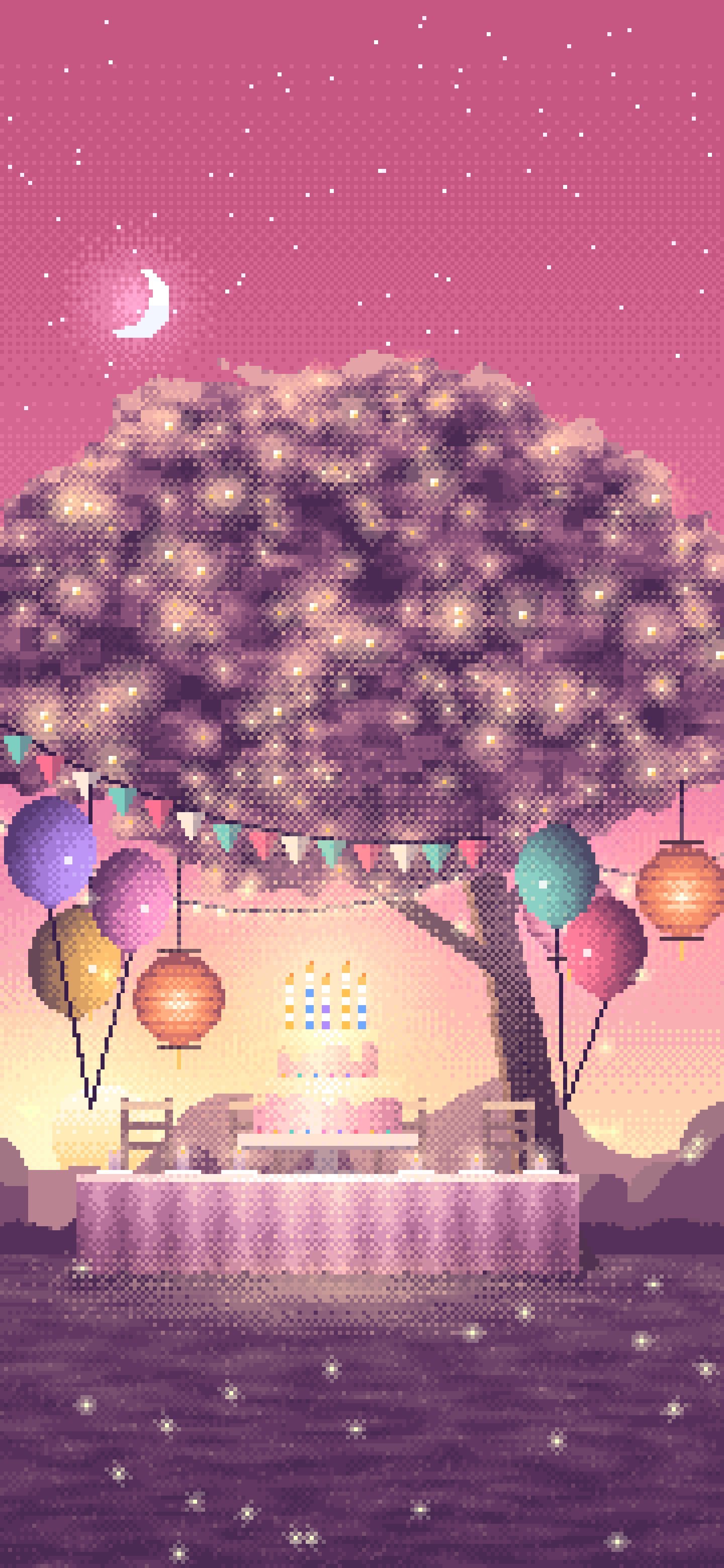 Pink Pixel Art Birthday Garden Party wallpaper for iPhone and Android