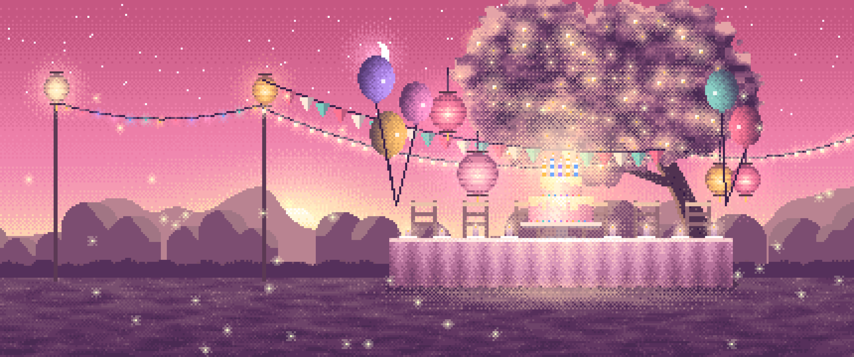 Pink Pixel Art Birthday Garden Party ultrawide wallpaper, 3440 × 1440