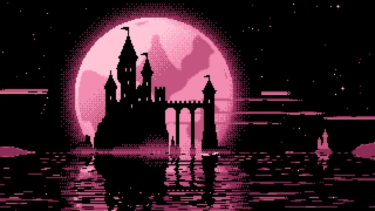 Pink Pixel Art Castle and Full Moon desktop wallpaper in 4K